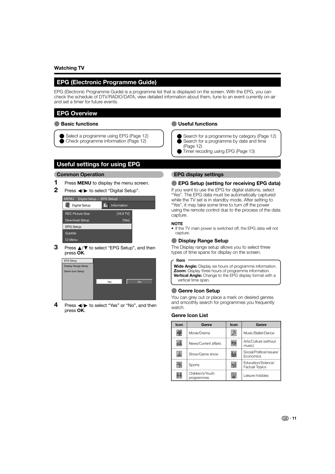 Sharp LC-37X20S, LC-32X20S, LC-37X20E EPG Electronic Programme Guide, EPG Overview, Useful settings for using EPG 