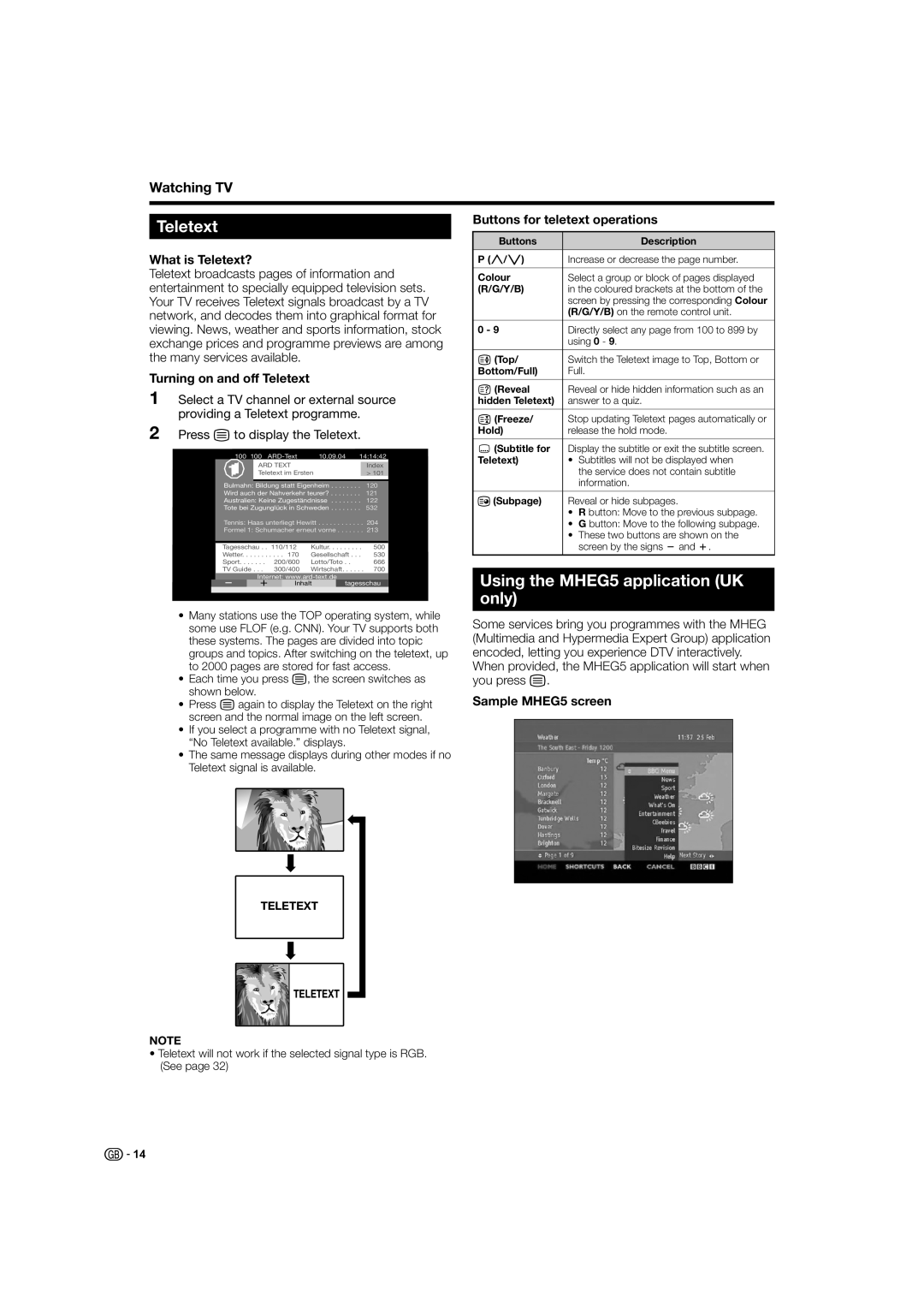 Sharp LC-37X20S, LC-32X20S, LC-37X20E operation manual Teletext, Using the MHEG5 application UK only 