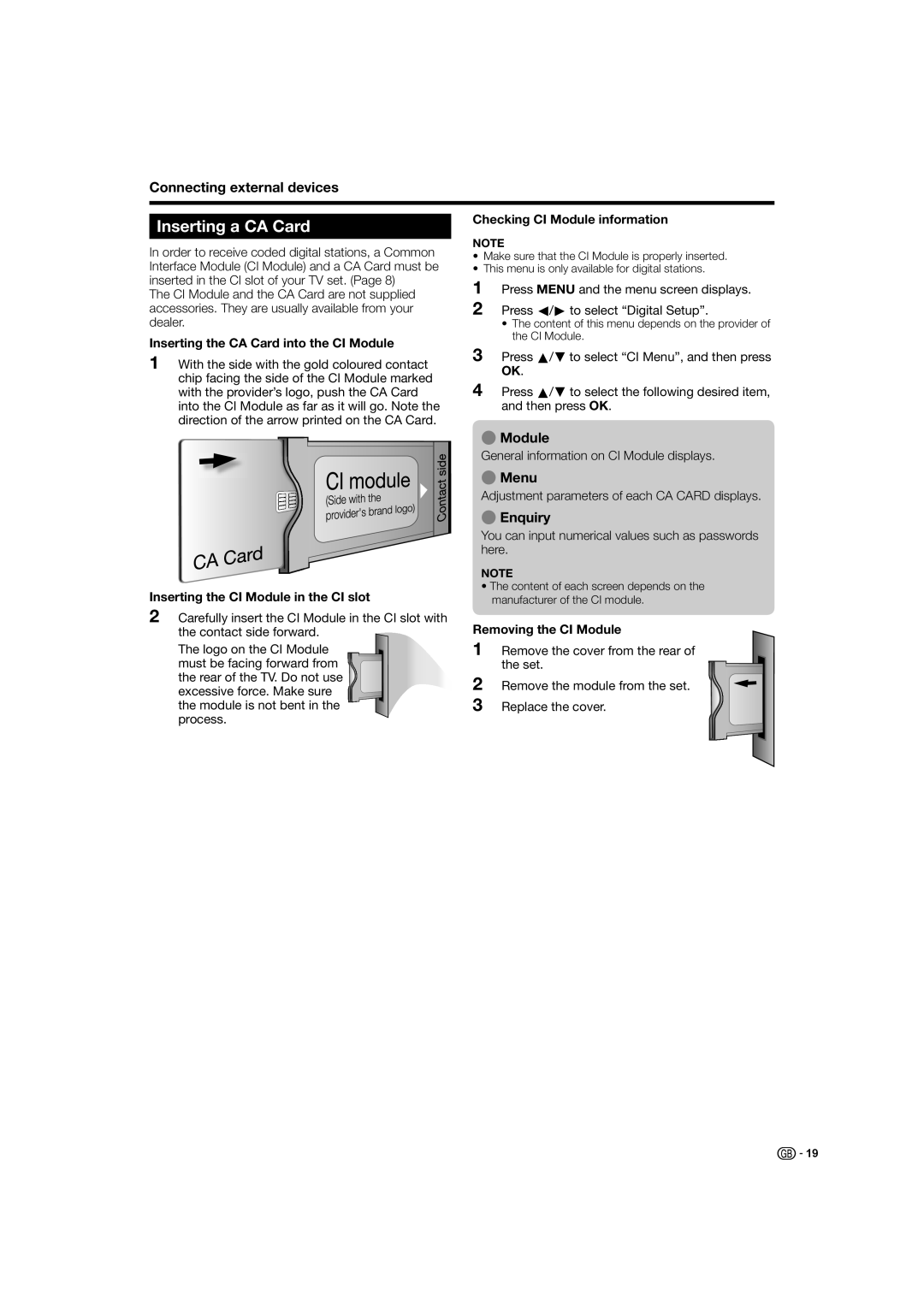 Sharp LC-32X20S, LC-37X20S, LC-37X20E operation manual Inserting a CA Card, Module, Menu, Enquiry 