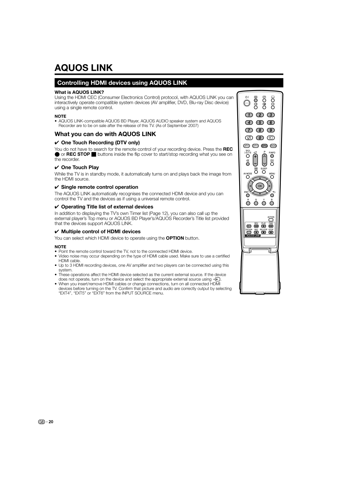 Sharp LC-37X20S, LC-32X20S, LC-37X20E Controlling Hdmi devices using Aquos Link, What you can do with Aquos Link 