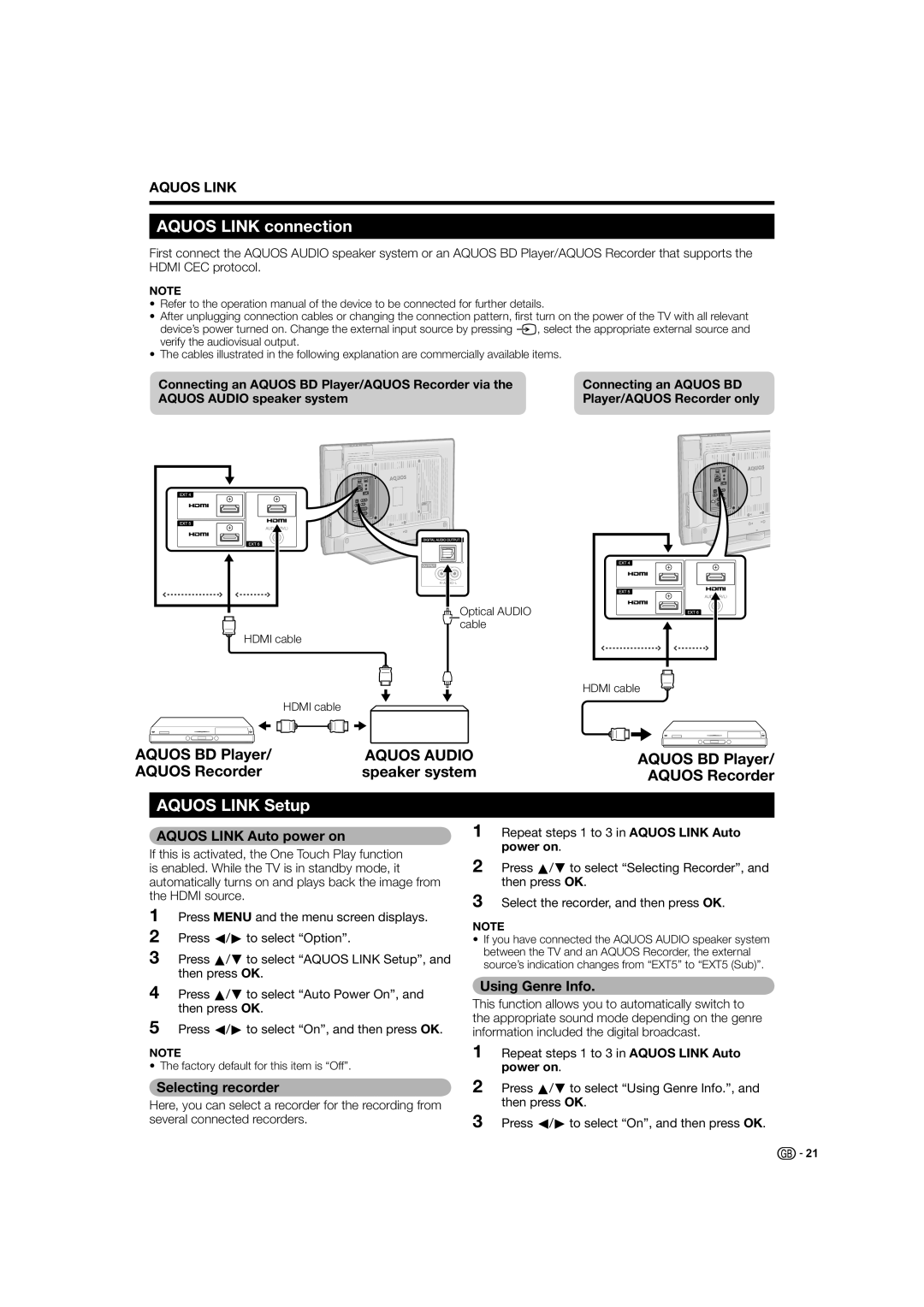 Sharp LC-37X20E Aquos Link connection, Aquos Link Setup, Aquos Link Auto power on, Selecting recorder, Using Genre Info 