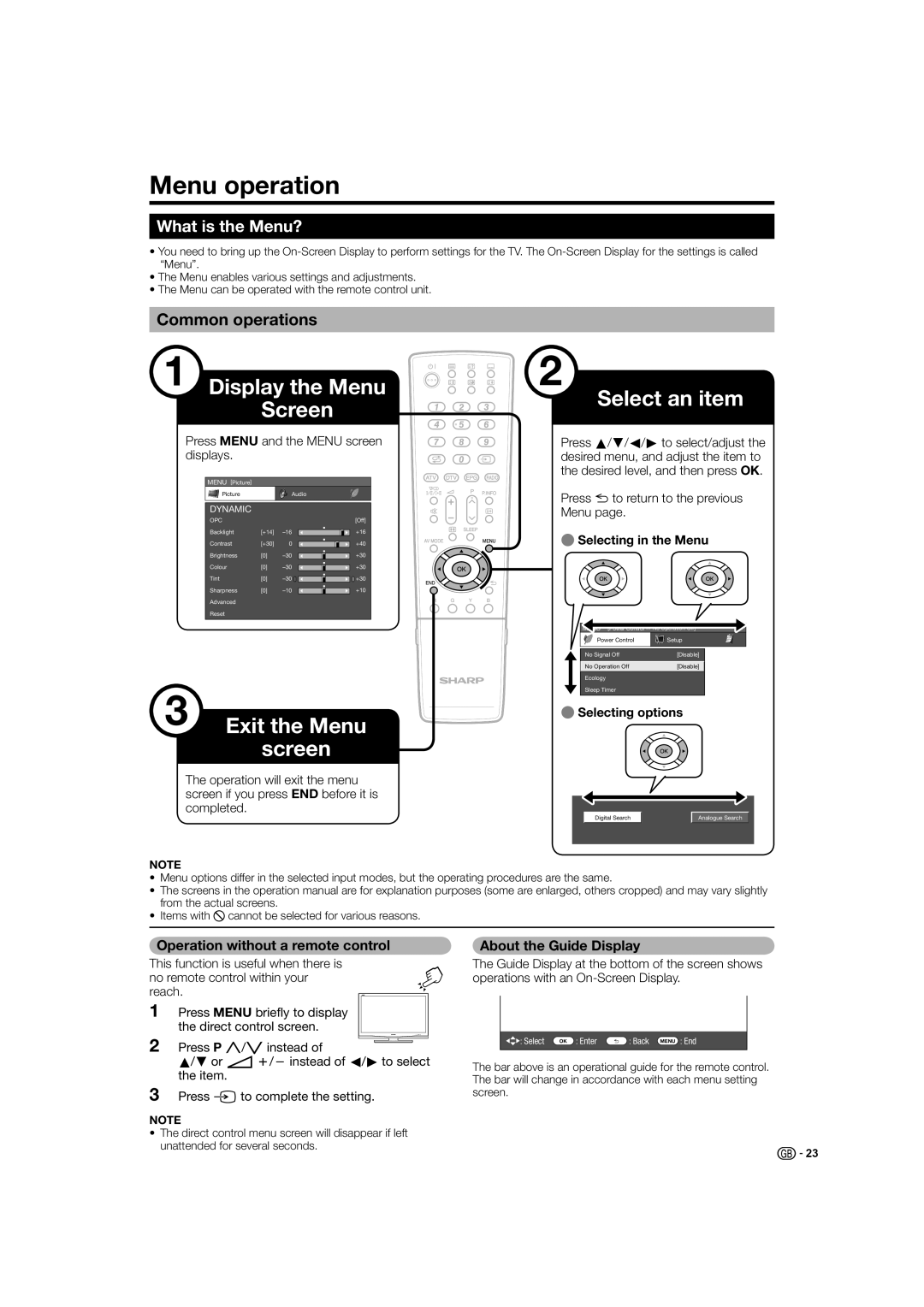 Sharp LC-37X20S, LC-32X20S Menu operation, What is the Menu?, Common operations, Operation without a remote control 