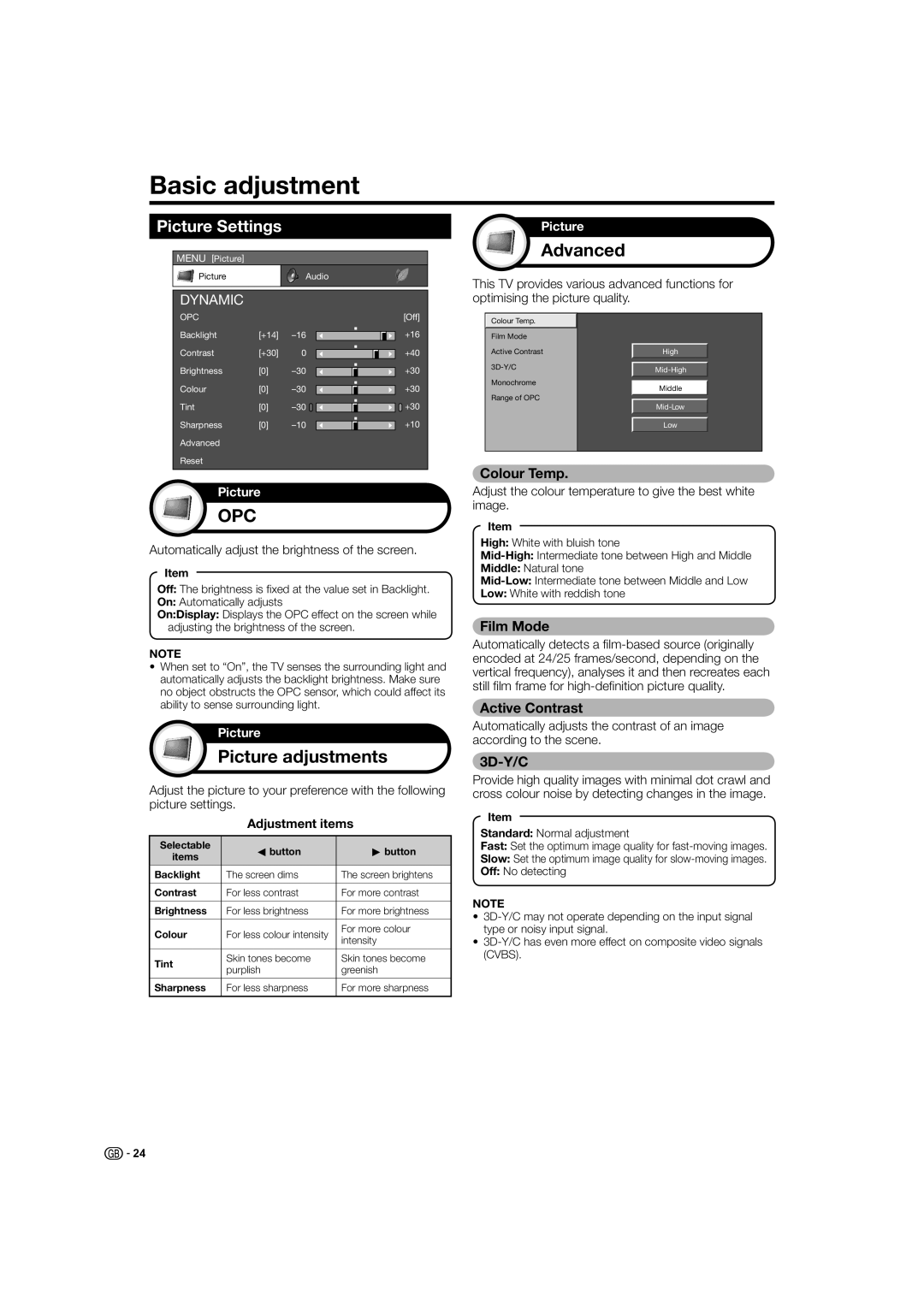 Sharp LC-37X20E, LC-32X20S, LC-37X20S operation manual Basic adjustment, Picture adjustments, Advanced, Picture Settings 