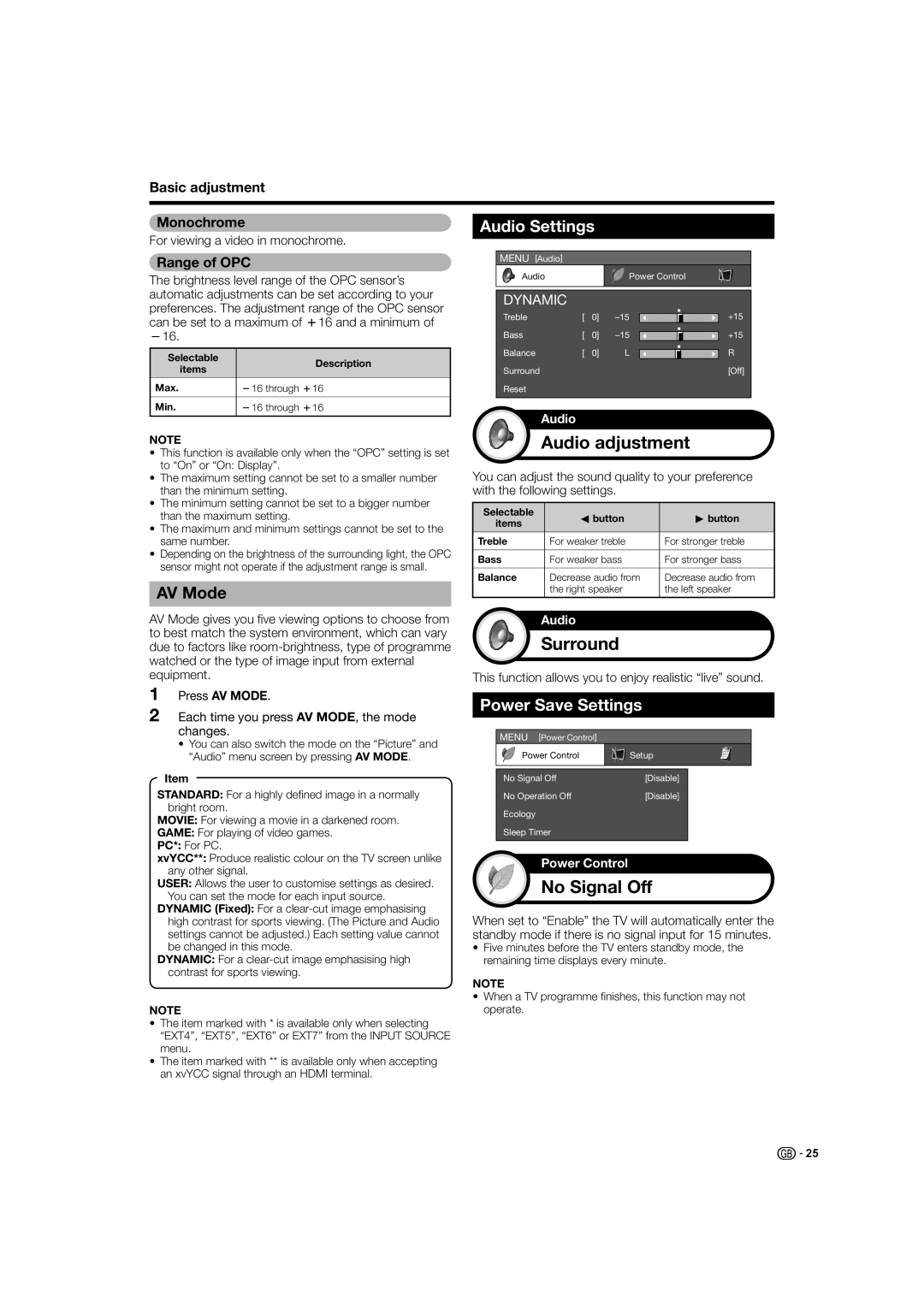 Sharp LC-32X20S, LC-37X20S, LC-37X20E Audio adjustment, Surround, No Signal Off, Audio Settings, Power Save Settings 