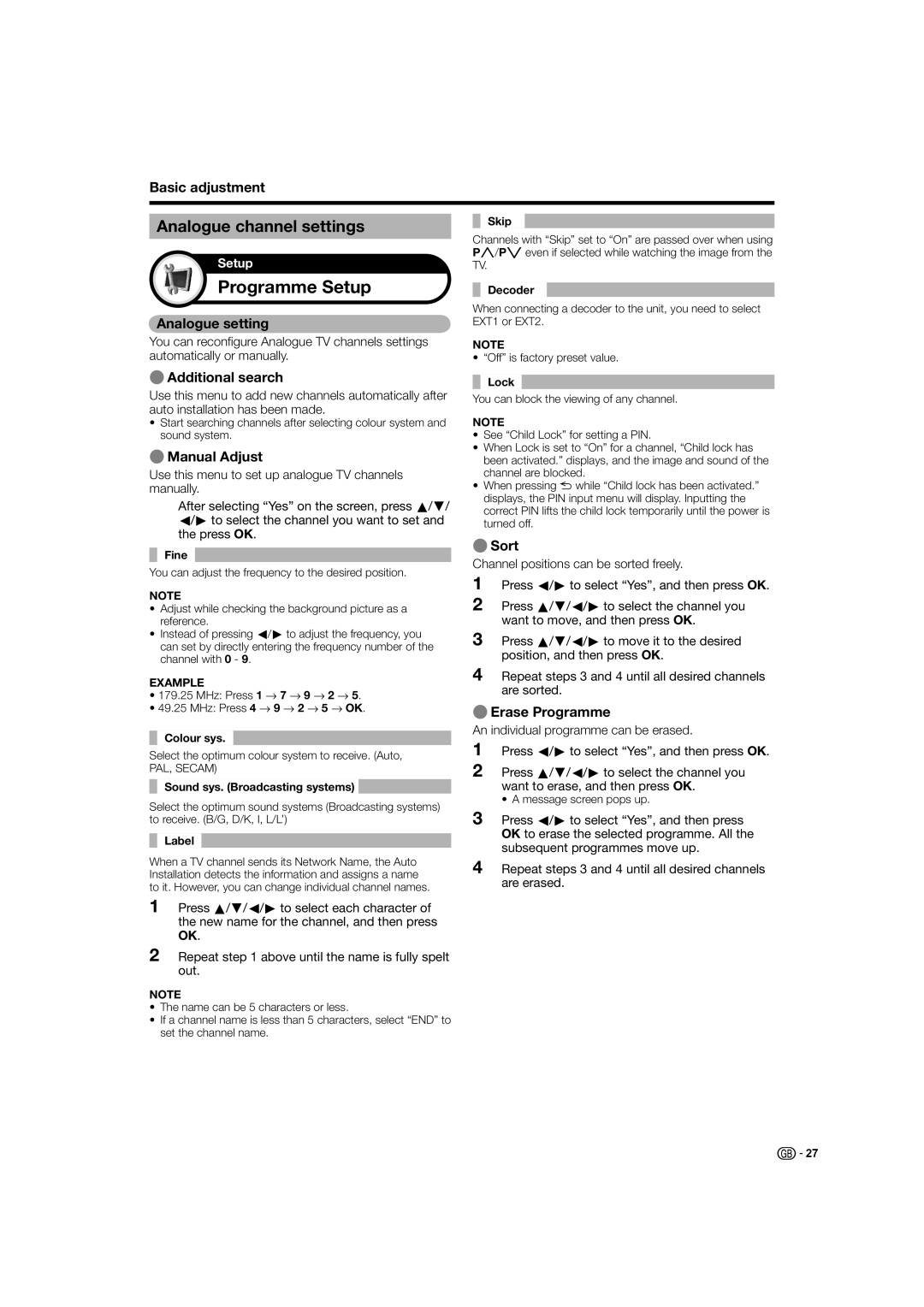 Sharp LC-37X20E, LC-32X20S, LC-37X20S operation manual Analogue channel settings, Analogue setting, Sort, EErase Programme 