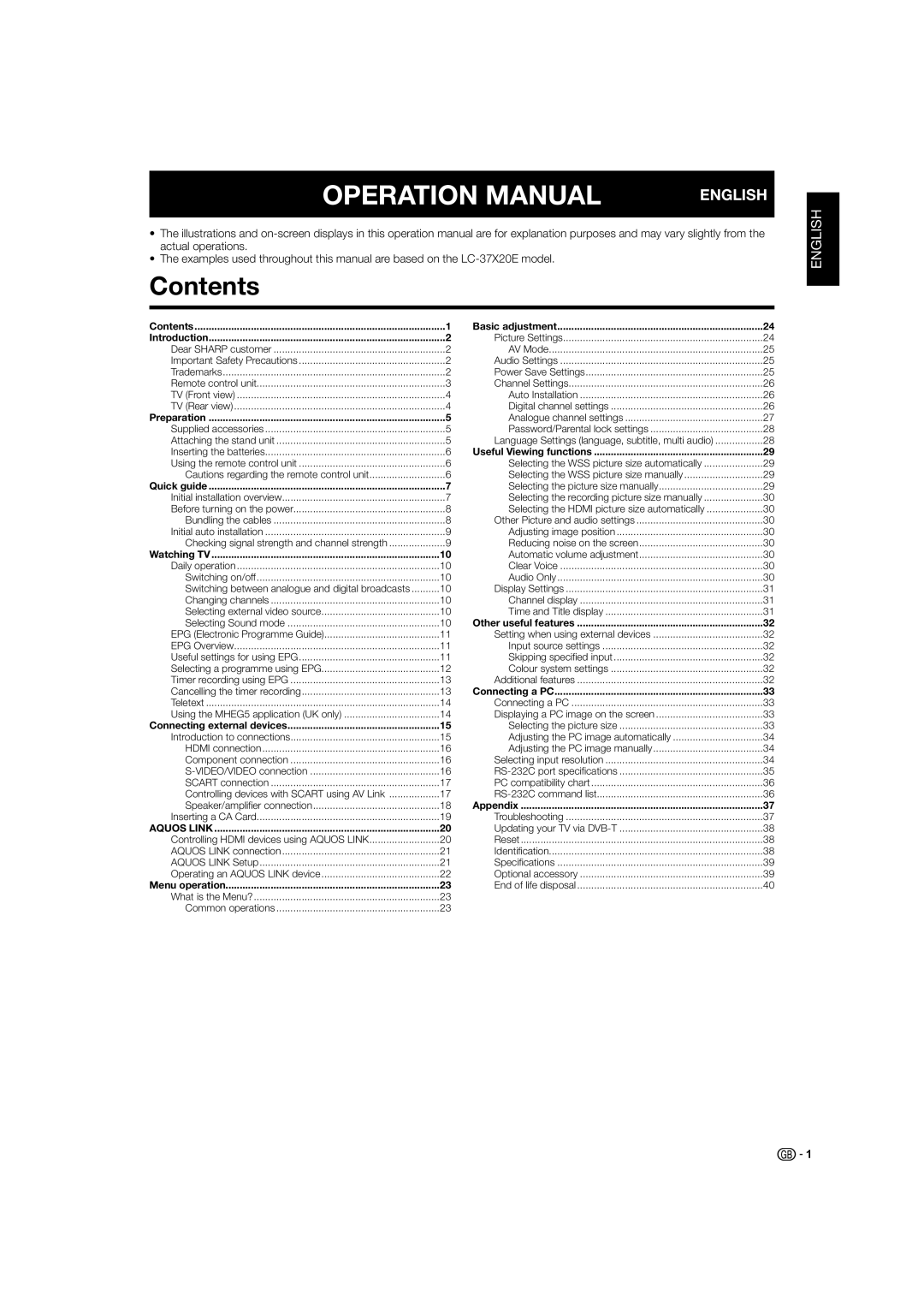 Sharp LC-32X20S, LC-37X20S, LC-37X20E operation manual Contents 