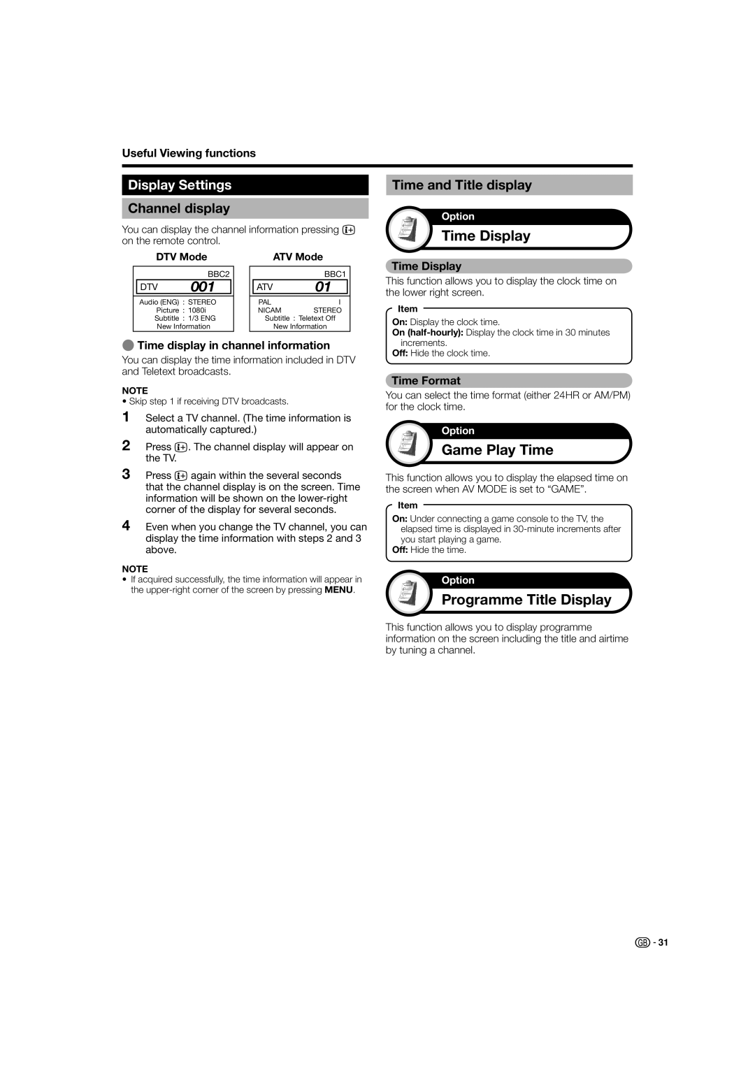 Sharp LC-32X20S, LC-37X20S, LC-37X20E Time Display, Game Play Time, Programme Title Display, Display Settings 