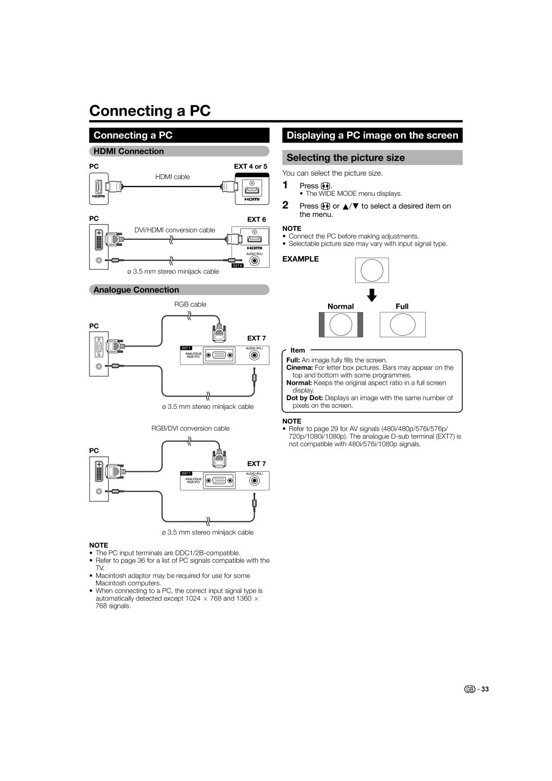 Sharp LC-37X20E, LC-32X20S, LC-37X20S Connecting a PC, Displaying a PC image on the screen, Selecting the picture size 