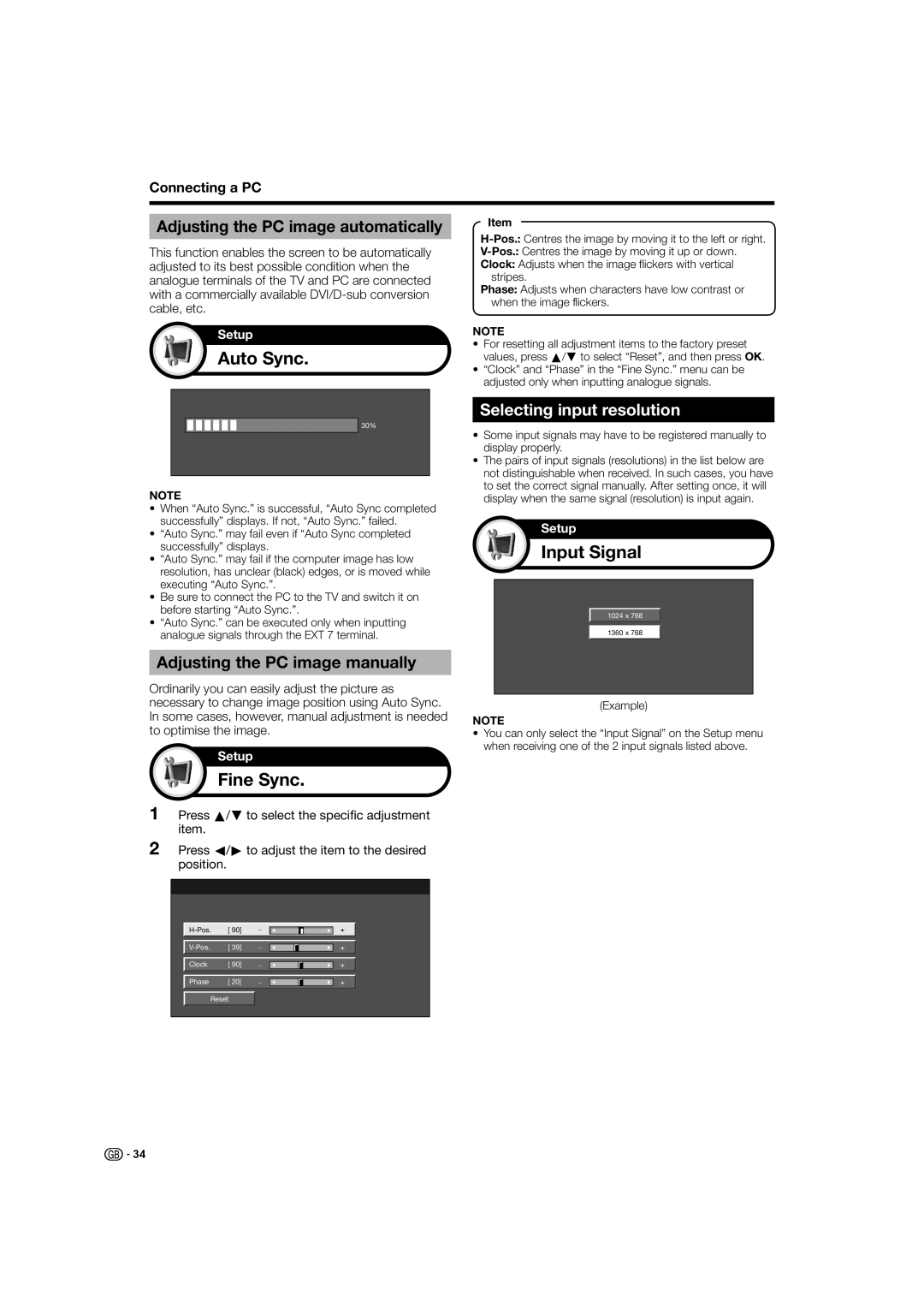 Sharp LC-32X20S, LC-37X20S, LC-37X20E operation manual Auto Sync, Fine Sync, Input Signal, Selecting input resolution 