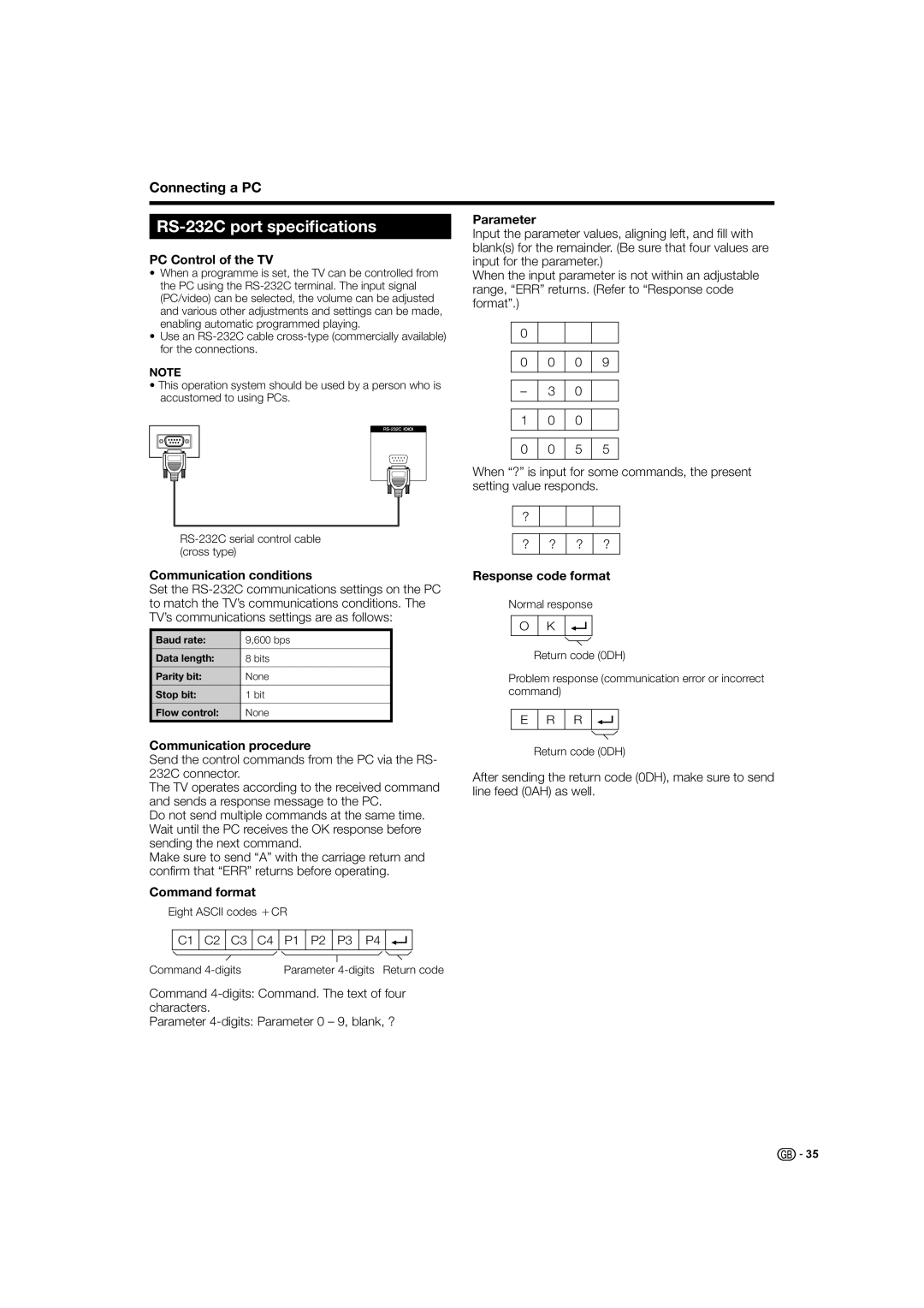 Sharp LC-37X20S, LC-32X20S, LC-37X20E operation manual RS-232C port specifications 