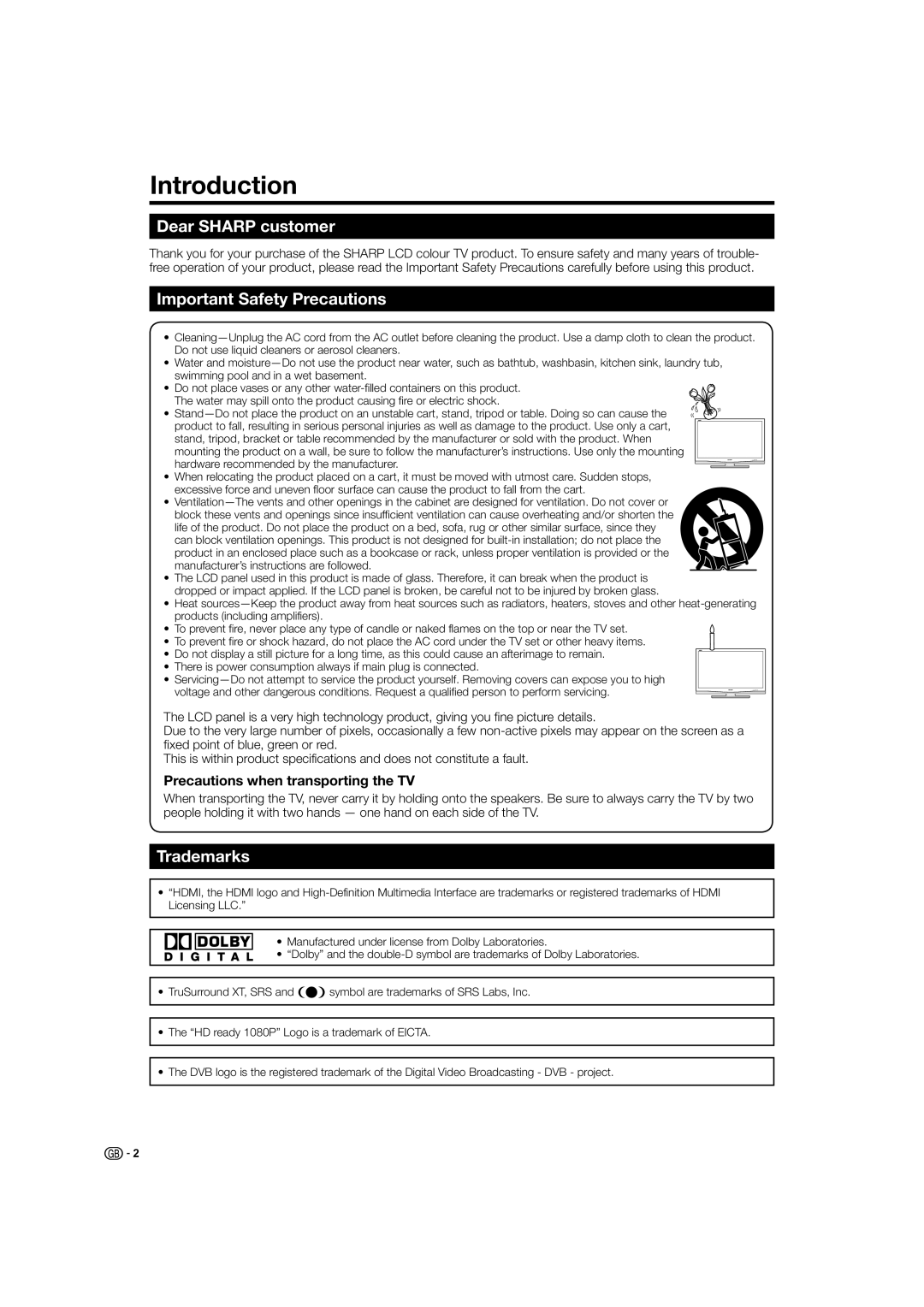 Sharp LC-37X20S, LC-32X20S, LC-37X20E Introduction, Dear Sharp customer, Important Safety Precautions, Trademarks 