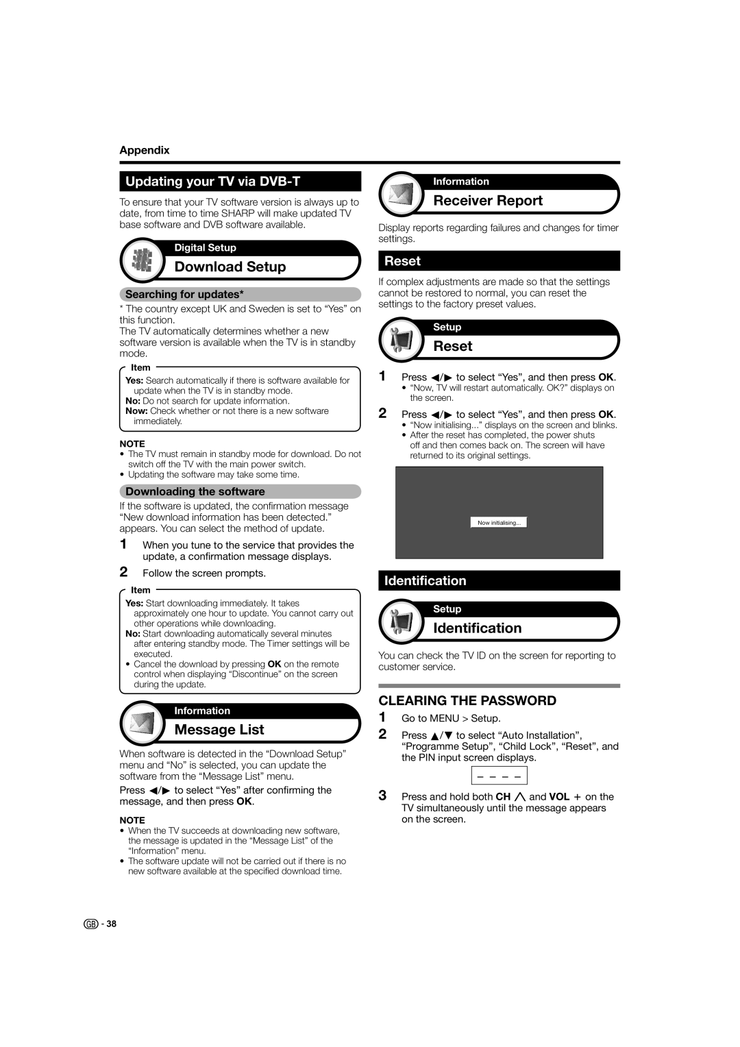 Sharp LC-37X20S, LC-32X20S, LC-37X20E operation manual Download Setup, Message List, Receiver Report, Reset, Identification 