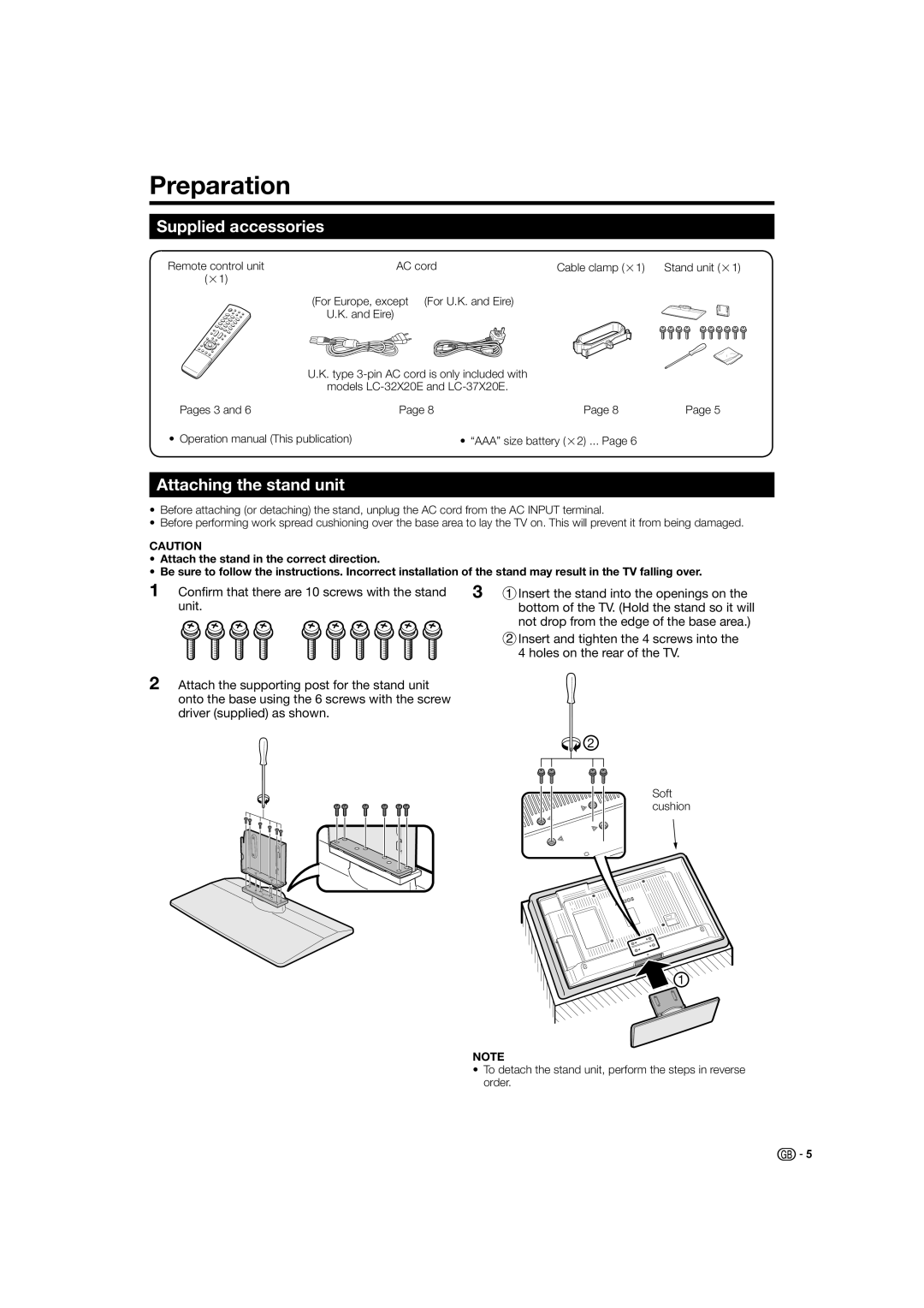 Sharp LC-37X20S, LC-32X20S, LC-37X20E operation manual Preparation, Supplied accessories, Attaching the stand unit 