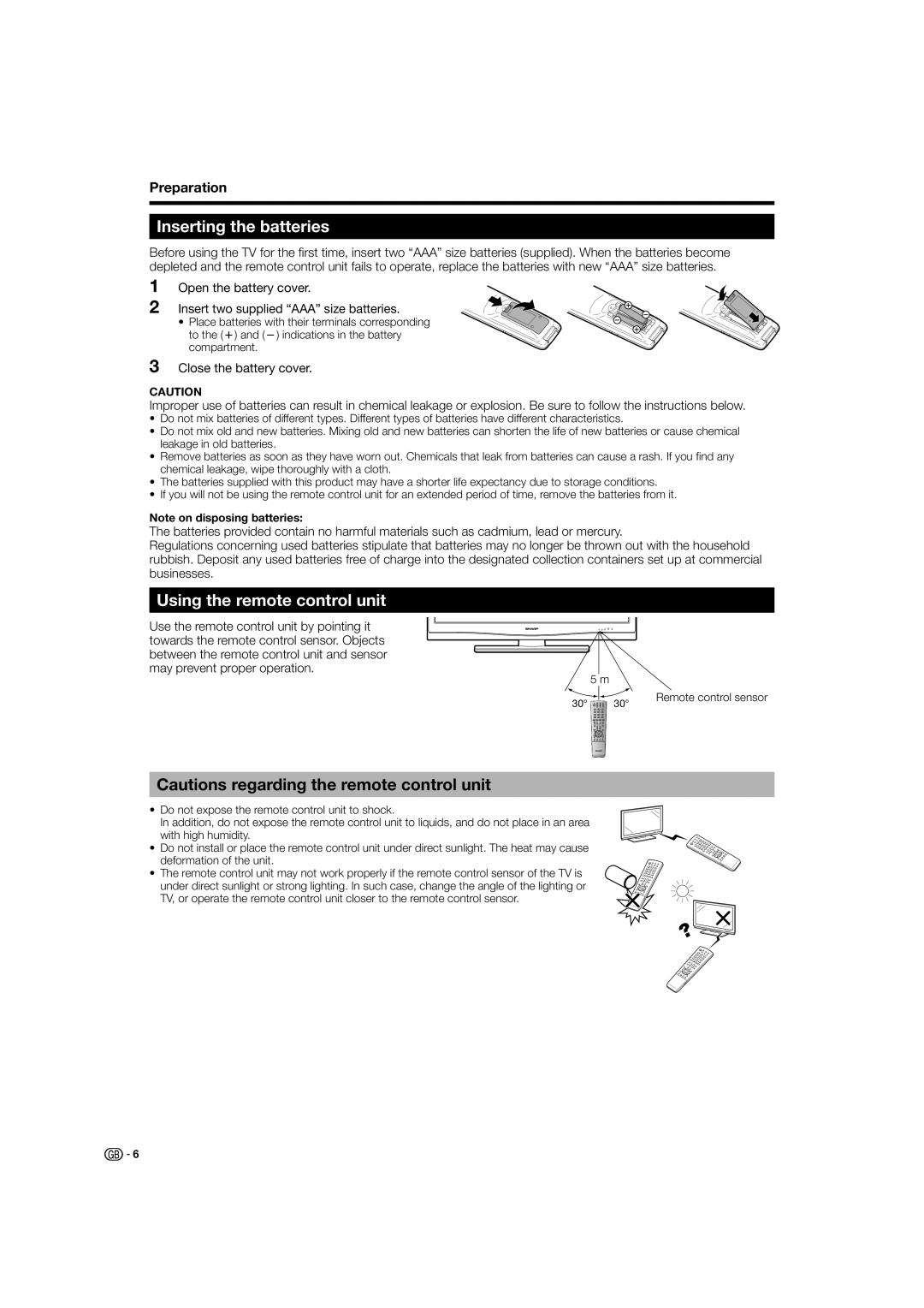 Sharp LC-37X20E, LC-32X20S, LC-37X20S operation manual Inserting the batteries, Using the remote control unit, Preparation 