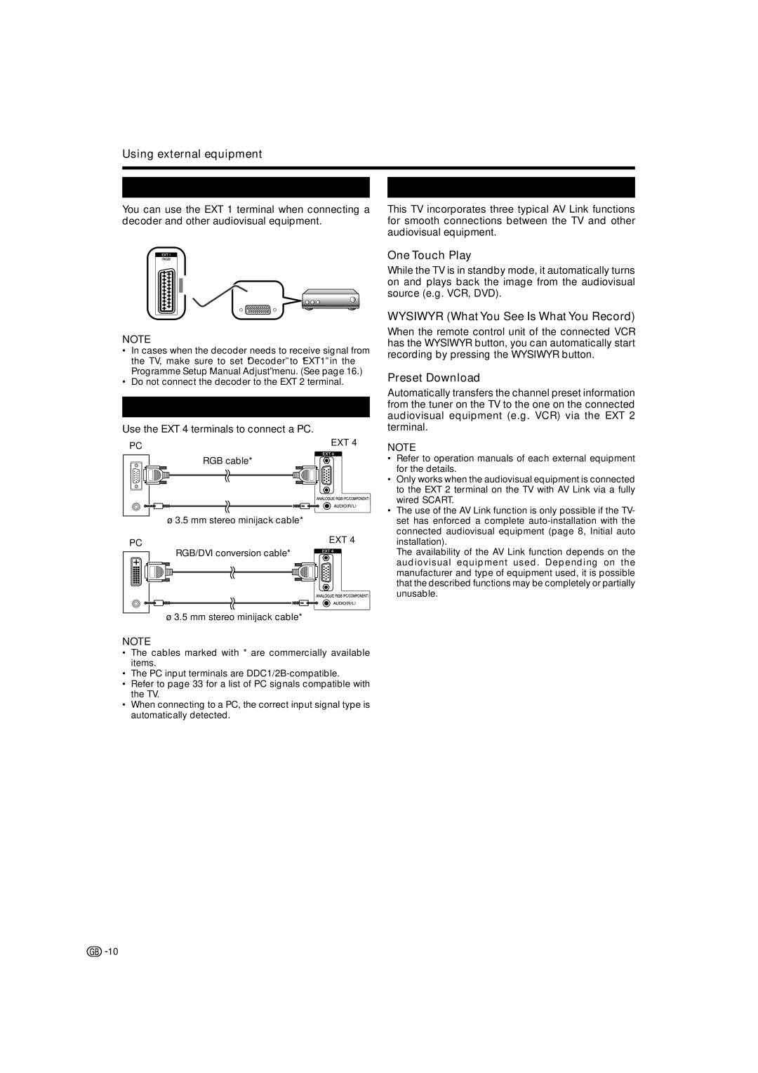 Sharp LC-37AD5S, LC-42AD5S operation manual Connecting a decoder, Connecting a PC, Using AV Link function 