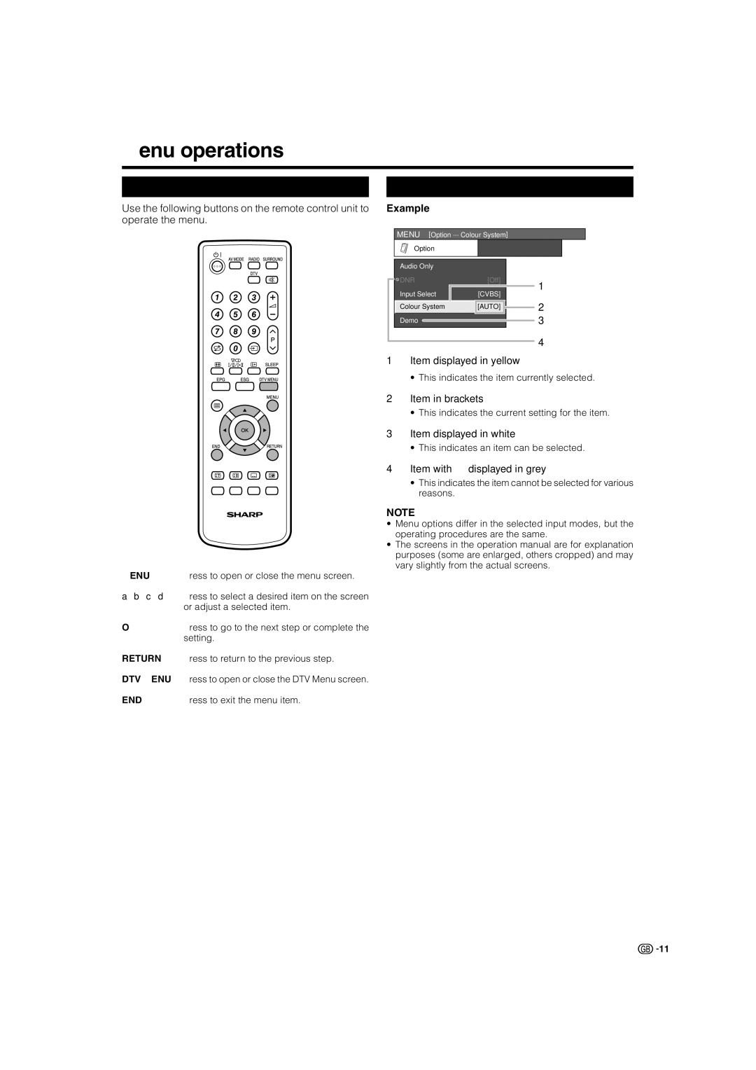 Sharp LC-42AD5S, LC-37AD5S operation manual Menu operations, Menu operation buttons, On-Screen Display, Example 