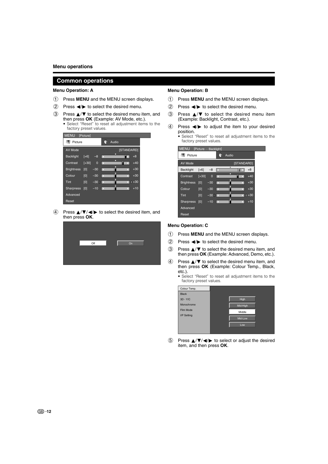 Sharp LC-37AD5S, LC-42AD5S Common operations, Menu operations, Menu Operation a, Menu Operation B, Menu Operation C 