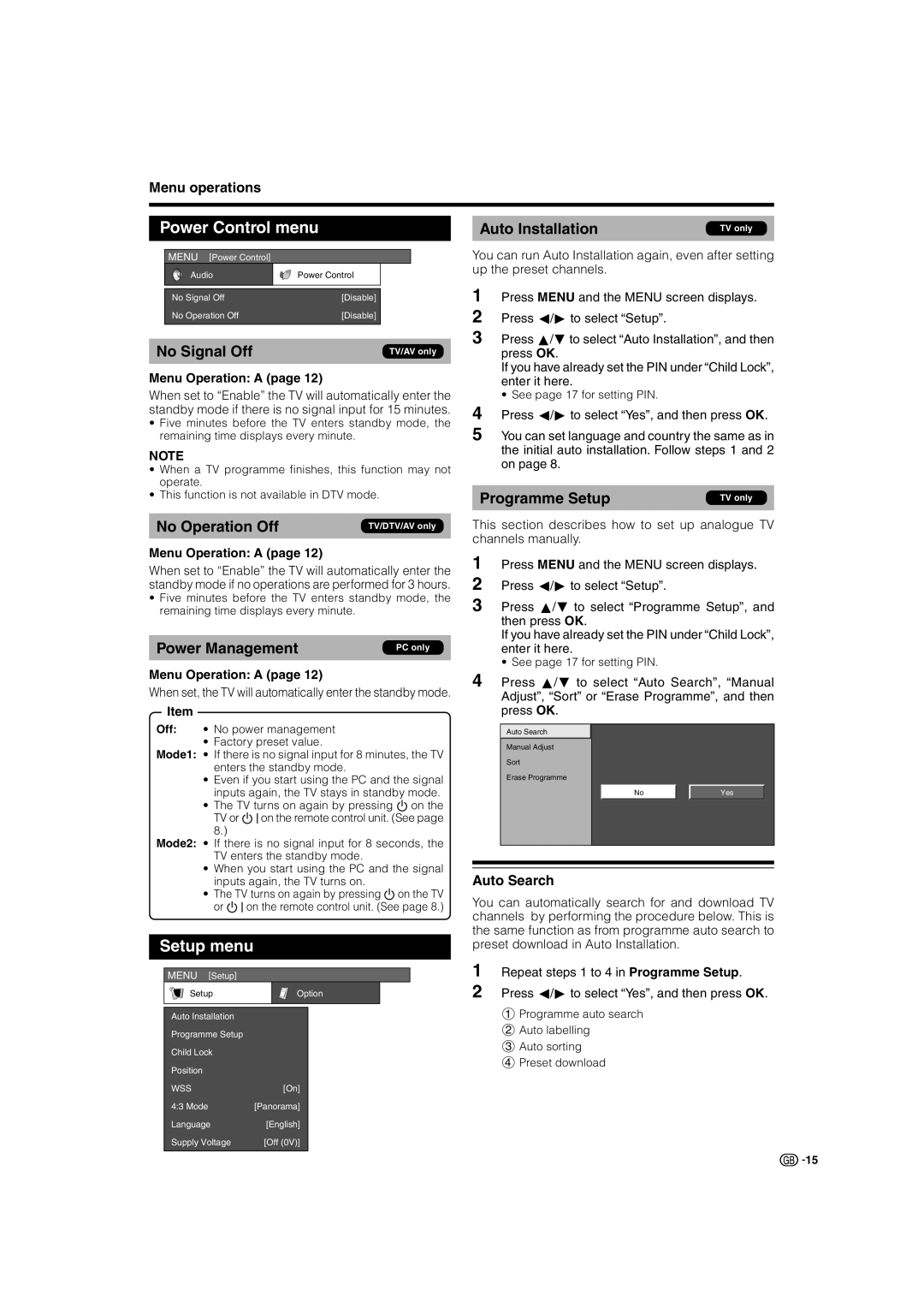 Sharp LC-42AD5S, LC-37AD5S operation manual Power Control menu, Setup menu, Auto Search 