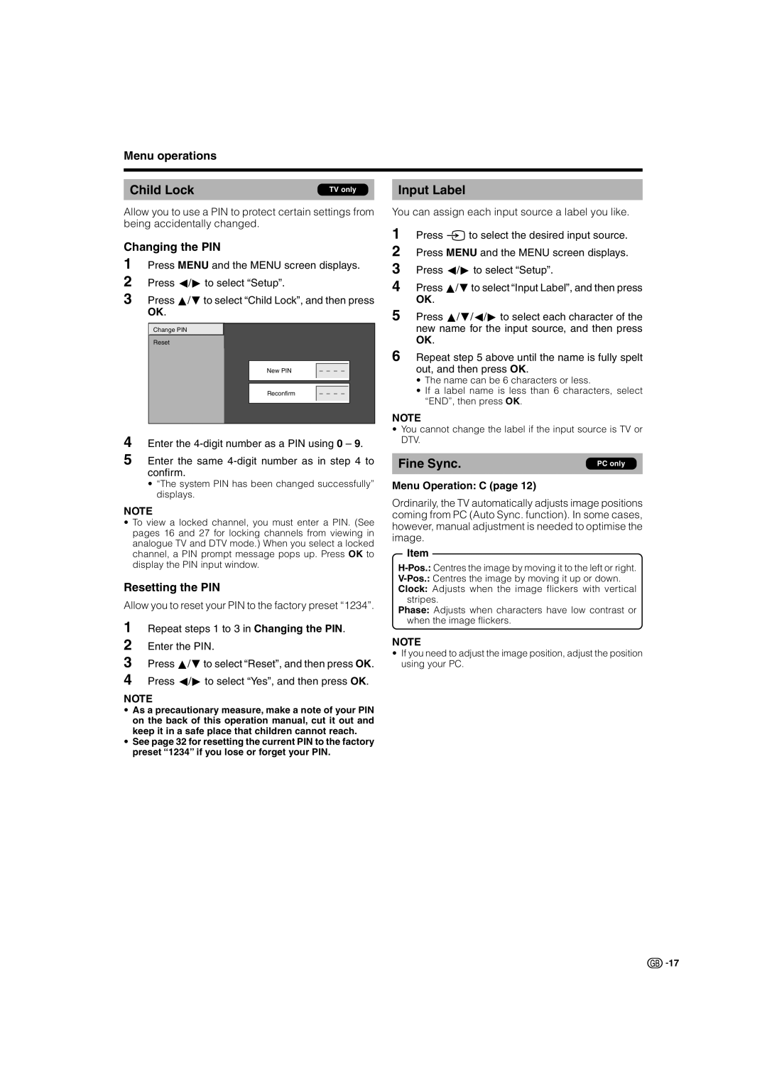 Sharp LC-42AD5S, LC-37AD5S operation manual Input Label, Changing the PIN, Resetting the PIN 