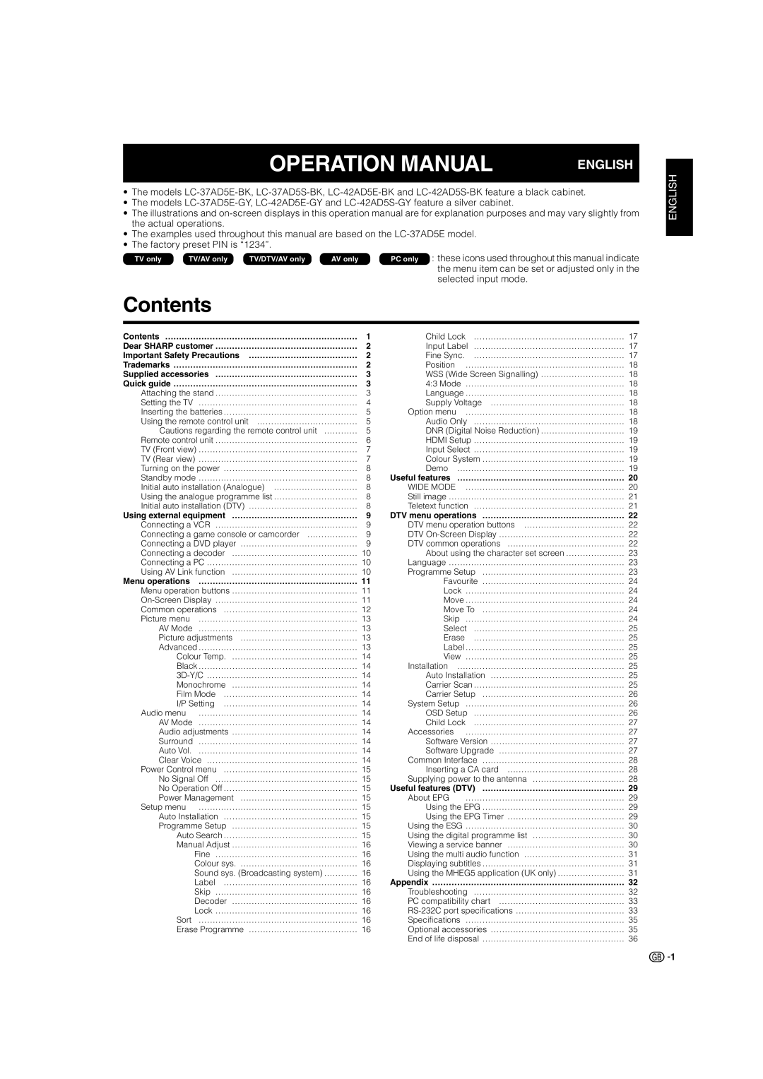 Sharp LC-42AD5S, LC-37AD5S operation manual Contents 