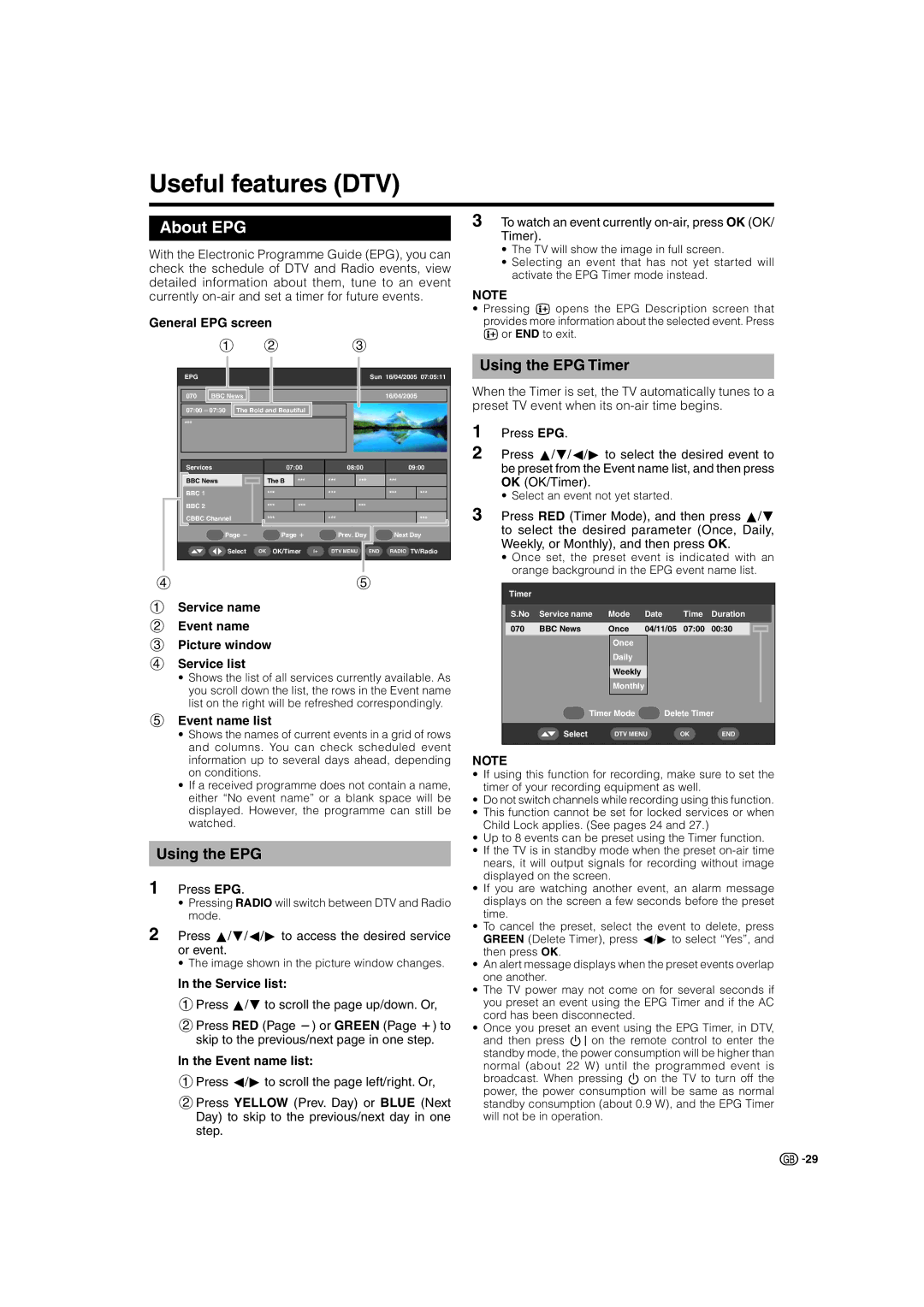 Sharp LC-42AD5S, LC-37AD5S operation manual Useful features DTV, About EPG, Using the EPG Timer 