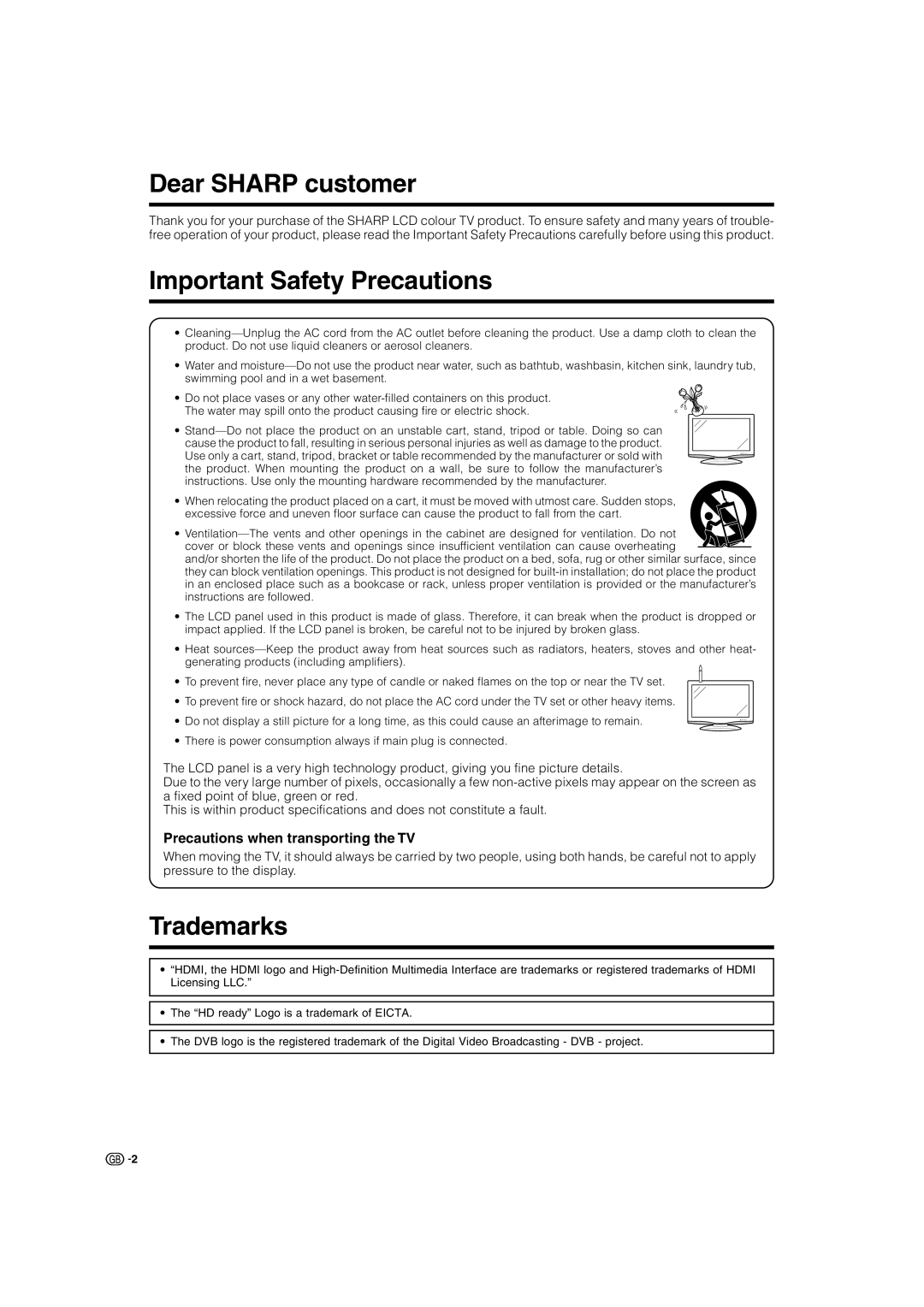 Sharp LC-37AD5S Dear Sharp customer, Important Safety Precautions, Trademarks, Precautions when transporting the TV 