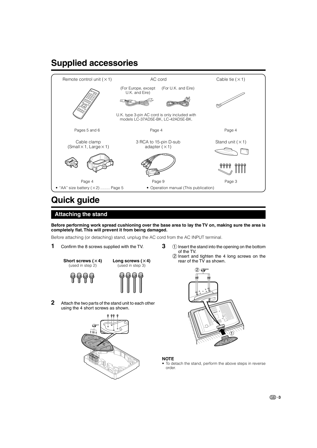 Sharp LC-42AD5S, LC-37AD5S Supplied accessories, Quick guide, Attaching the stand, Remote control unit g1 AC cord 