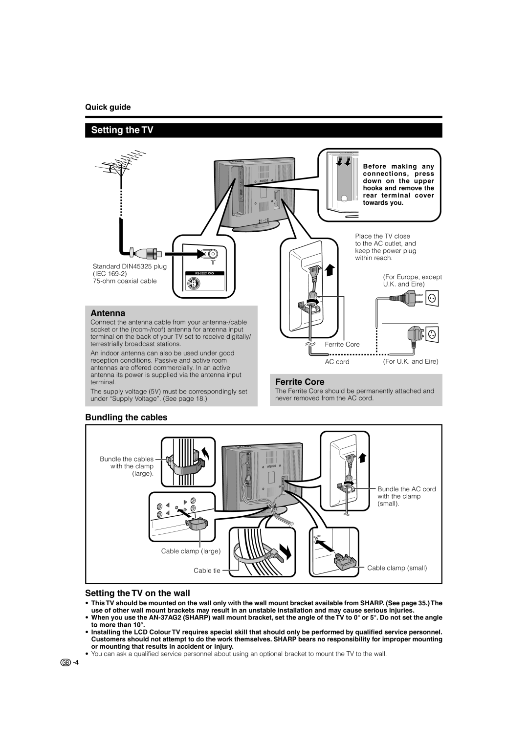 Sharp LC-37AD5S, LC-42AD5S operation manual Antenna, Ferrite Core, Bundling the cables, Setting the TV on the wall 