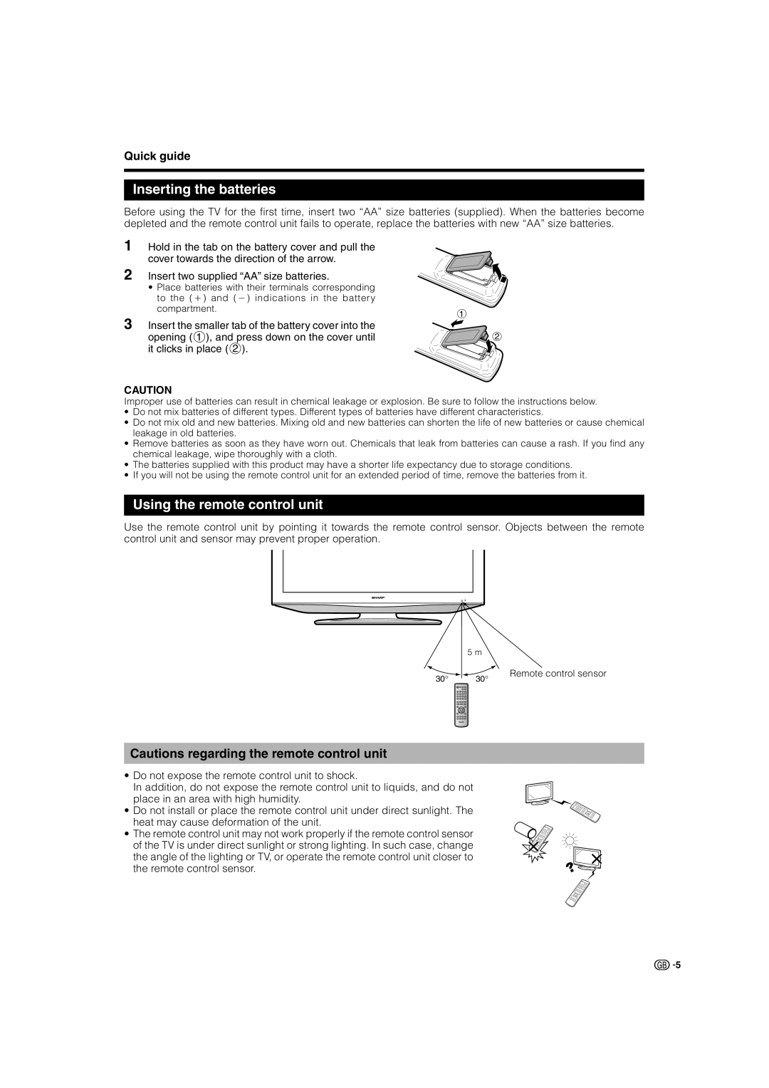 Sharp LC-42AD5S, LC-37AD5S operation manual Inserting the batteries, Using the remote control unit 