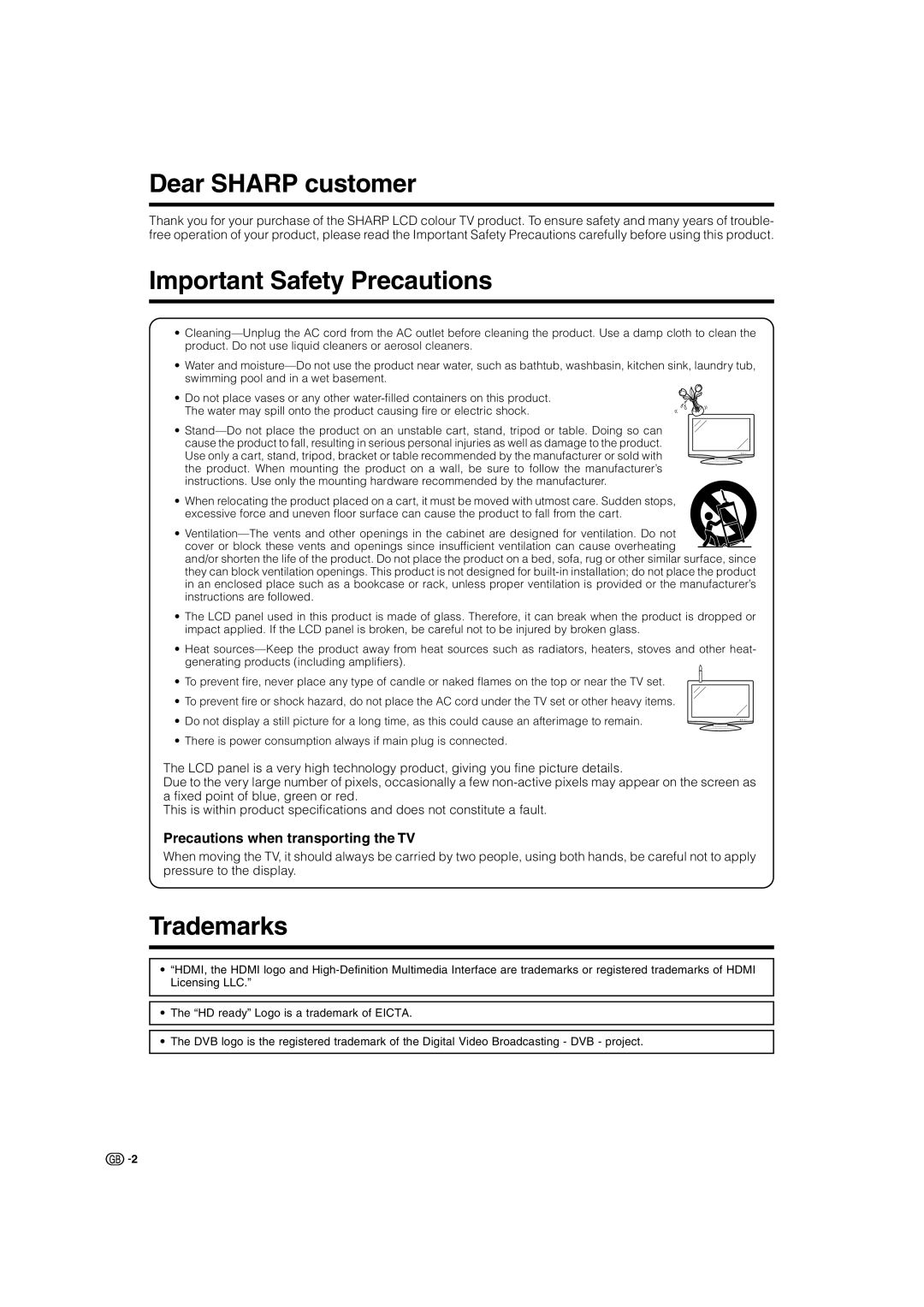 Sharp LC-37AD5S Dear SHARP customer, Important Safety Precautions, Trademarks, Precautions when transporting the TV 