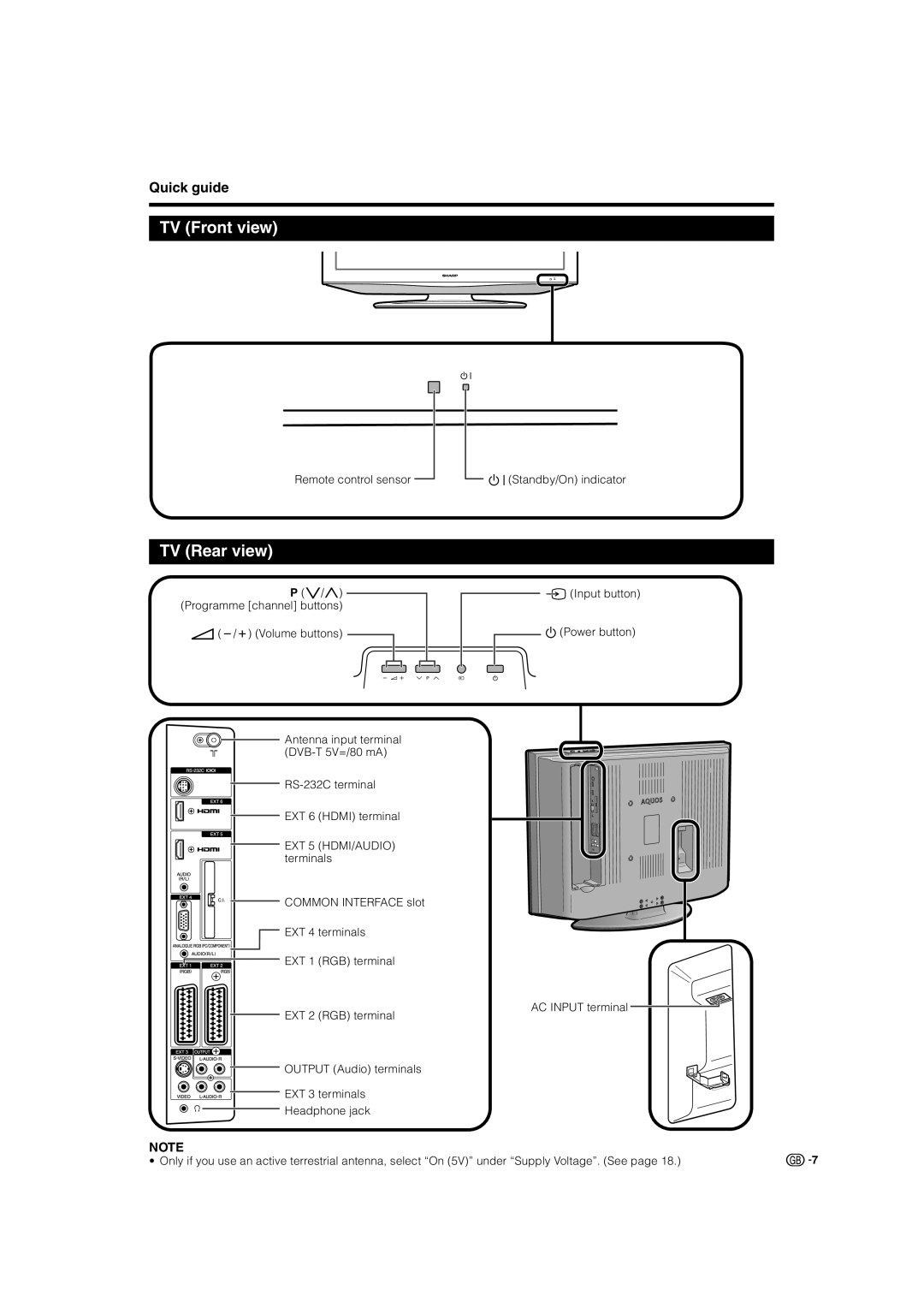 Sharp LC-42AD5S, LC-37AD5S operation manual TV Front view, TV Rear view, Quick guide 