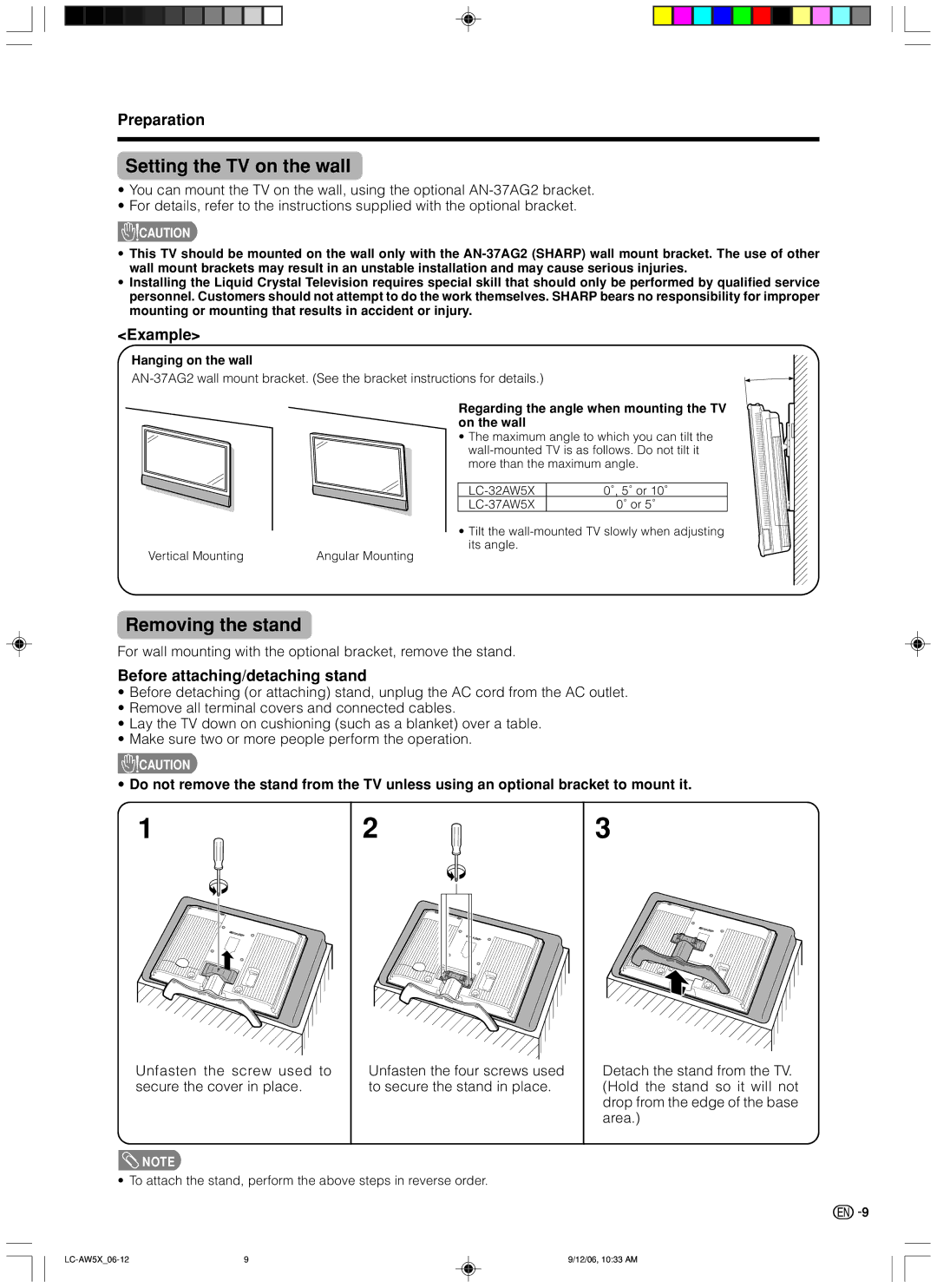 Sharp LC-37AW5X, LC-32AW5X Setting the TV on the wall, Removing the stand, Example, Before attaching/detaching stand 