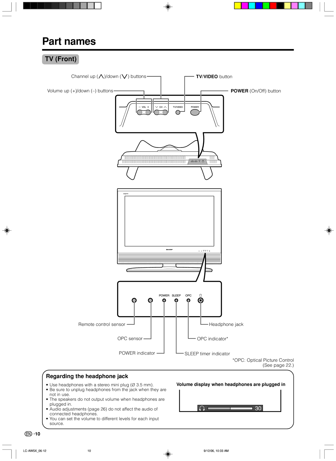 Sharp LC-32AW5X, LC-37AW5X operation manual Part names, TV Front, Regarding the headphone jack 