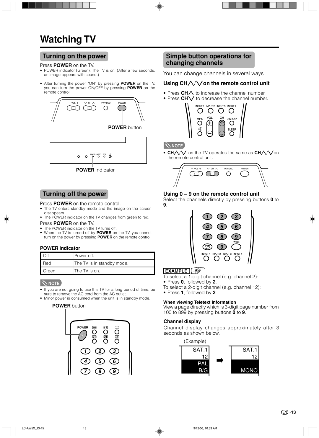 Sharp LC-37AW5X Watching TV, Turning on the power, Simple button operations for changing channels, Turning off the power 