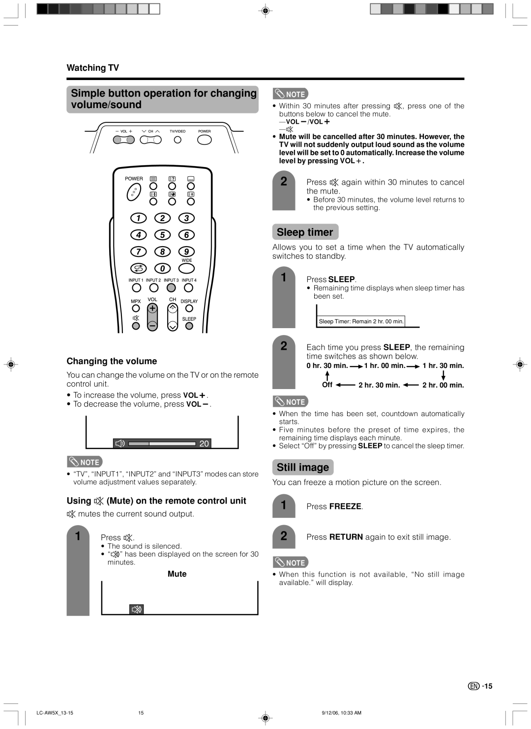 Sharp LC-37AW5X Simple button operation for changing volume/sound, Sleep timer, Still image, Changing the volume 