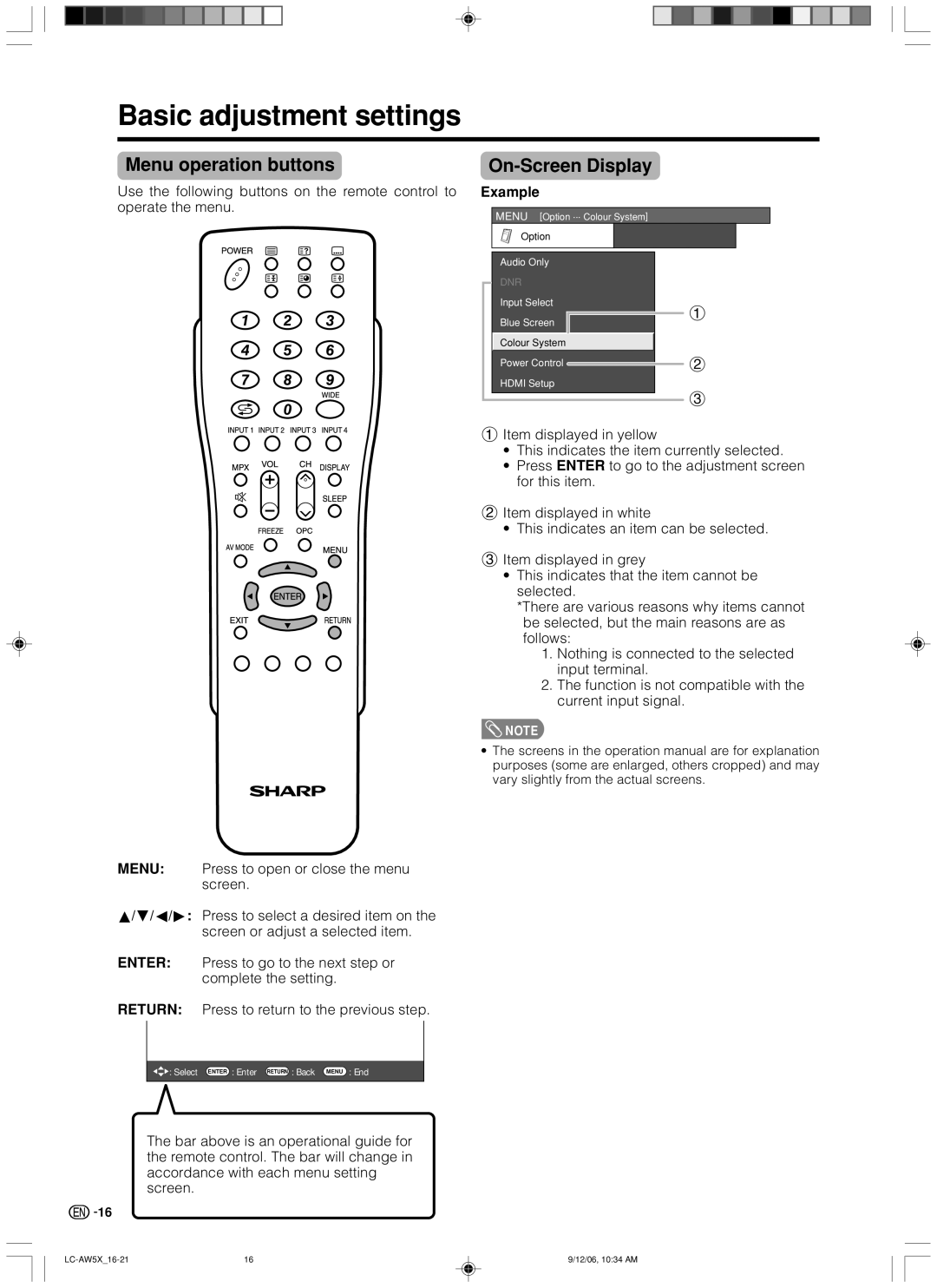 Sharp LC-32AW5X, LC-37AW5X operation manual Basic adjustment settings, Menu operation buttons On-Screen Display, Example 