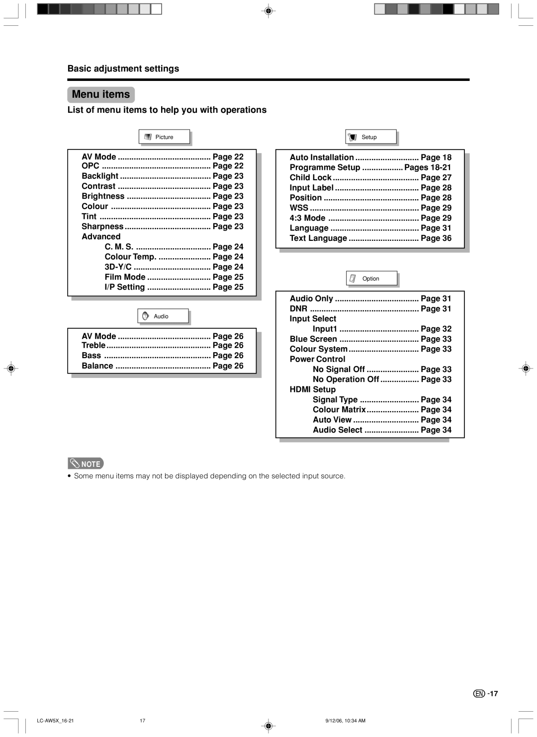 Sharp LC-37AW5X, LC-32AW5X Menu items, Basic adjustment settings, List of menu items to help you with operations 