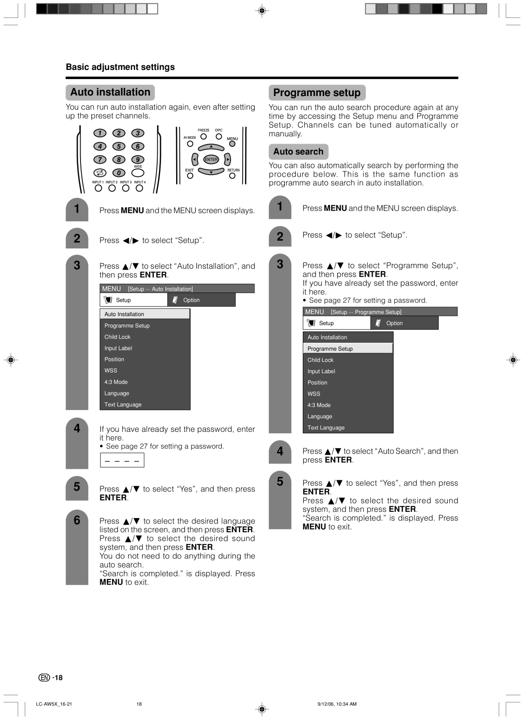 Sharp LC-32AW5X, LC-37AW5X operation manual Auto installation Programme setup, Auto search 