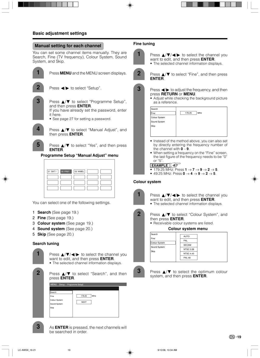 Sharp LC-37AW5X, LC-32AW5X operation manual Basic adjustment settings Manual setting for each channel 