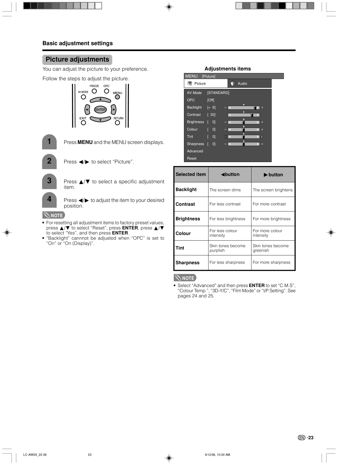 Sharp LC-37AW5X, LC-32AW5X operation manual Picture adjustments, Adjustments items, Selected item Cbutton Dbutton Backlight 