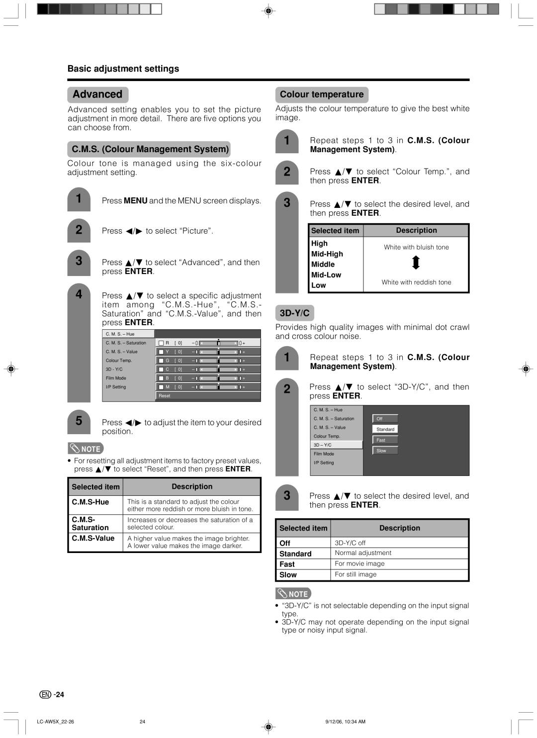 Sharp LC-32AW5X, LC-37AW5X operation manual Advanced, S. Colour Management System, 3D-Y/C 