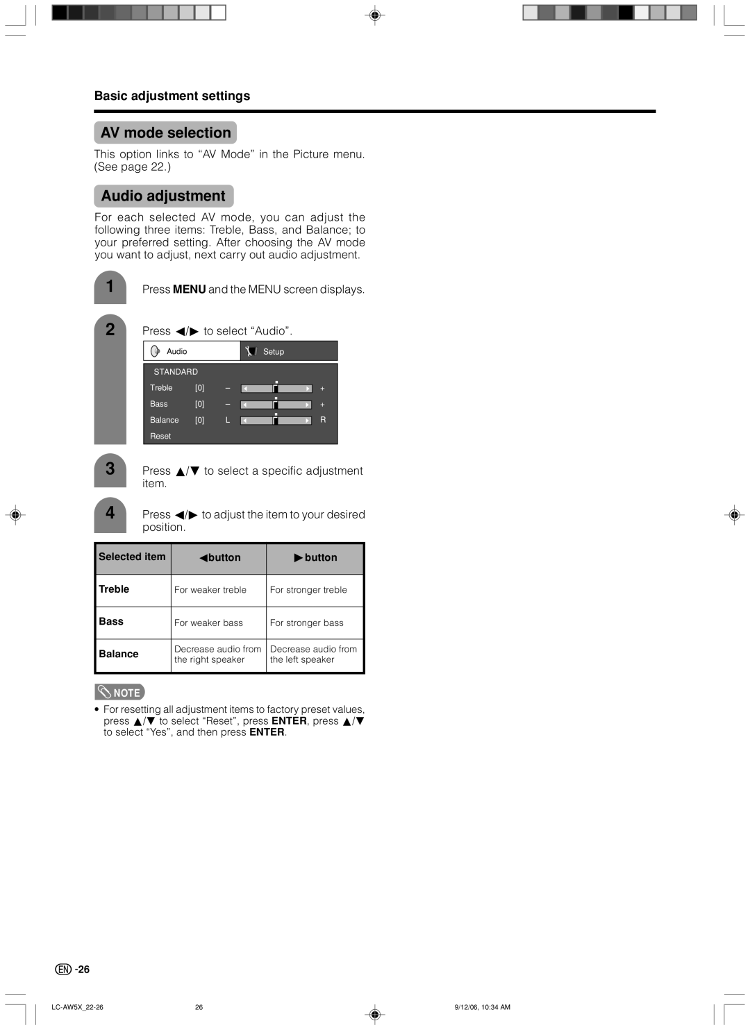 Sharp LC-32AW5X, LC-37AW5X operation manual Audio adjustment, This option links to AV Mode in the Picture menu. See 