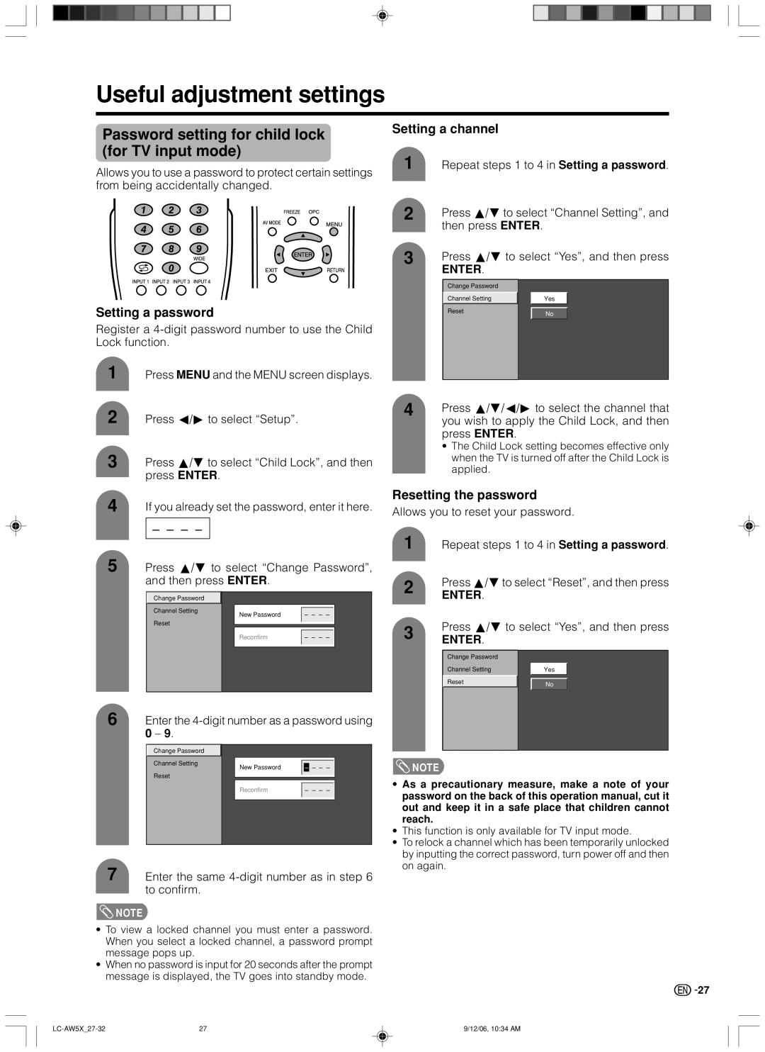 Sharp LC-37AW5X Useful adjustment settings, Password setting for child lock for TV input mode, Setting a password 
