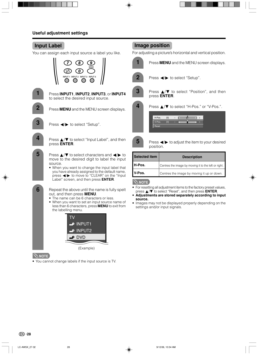 Sharp LC-32AW5X Input Label, Image position, Useful adjustment settings, Press INPUT1 , INPUT2 , INPUT3 , or INPUT4 