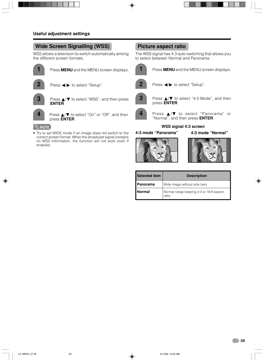 Sharp LC-37AW5X Wide Screen Signalling WSS Picture aspect ratio, Press a/b to select On or Off, and then press Enter 