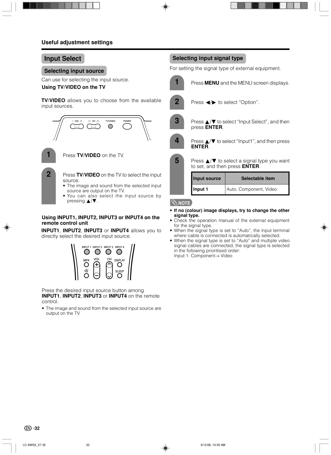 Sharp LC-32AW5X, LC-37AW5X Input Select, Selecting input source, Selecting input signal type, Using TV/VIDEO on the TV 