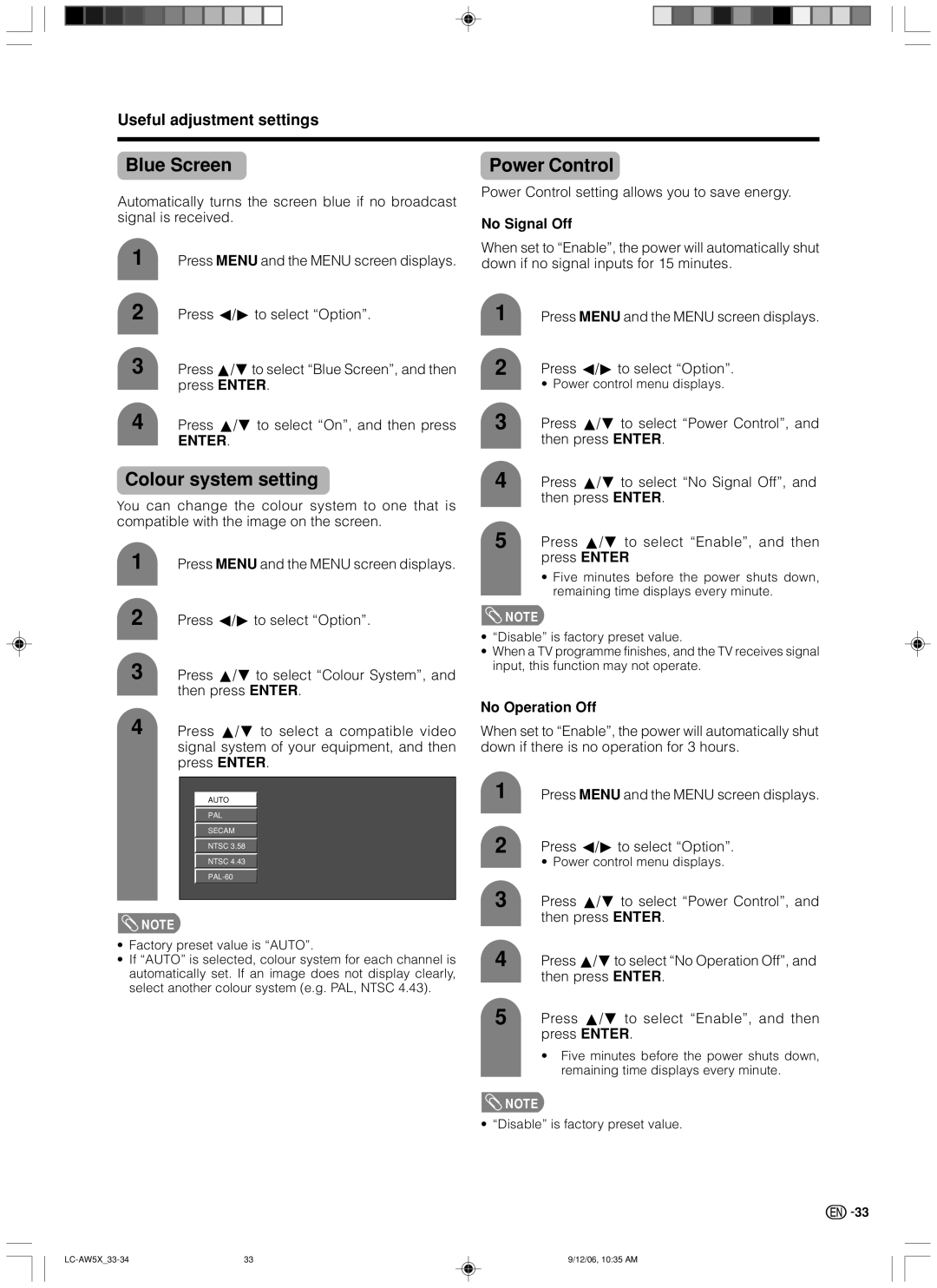 Sharp LC-37AW5X, LC-32AW5X Blue Screen, Colour system setting, Power Control, No Signal Off, No Operation Off 
