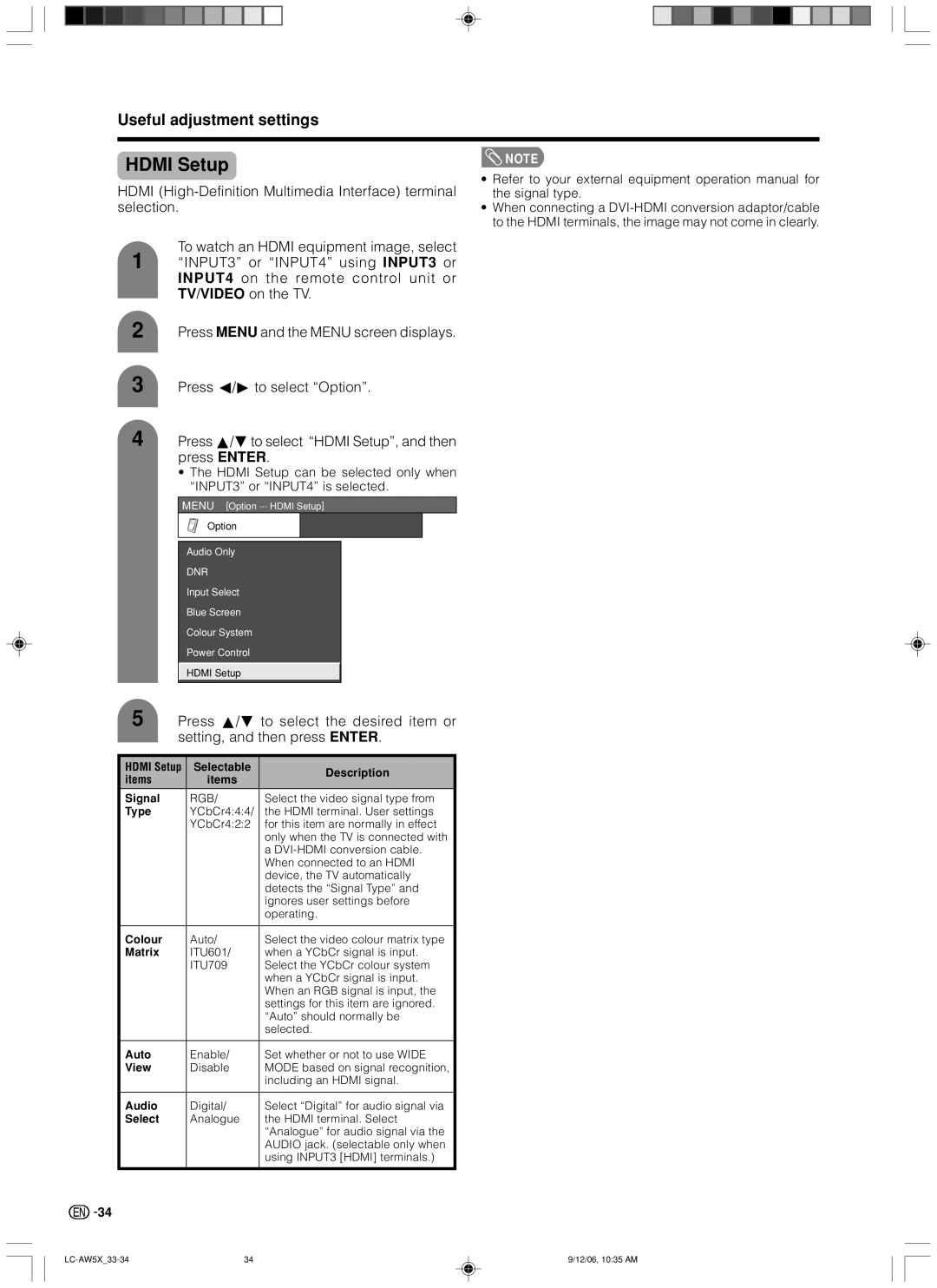 Sharp LC-32AW5X, LC-37AW5X operation manual Hdmi Setup, Type 