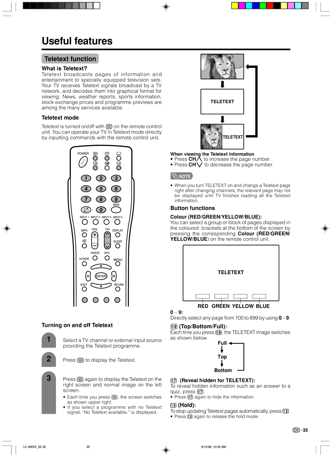 Sharp LC-37AW5X, LC-32AW5X operation manual Useful features, Teletext function 