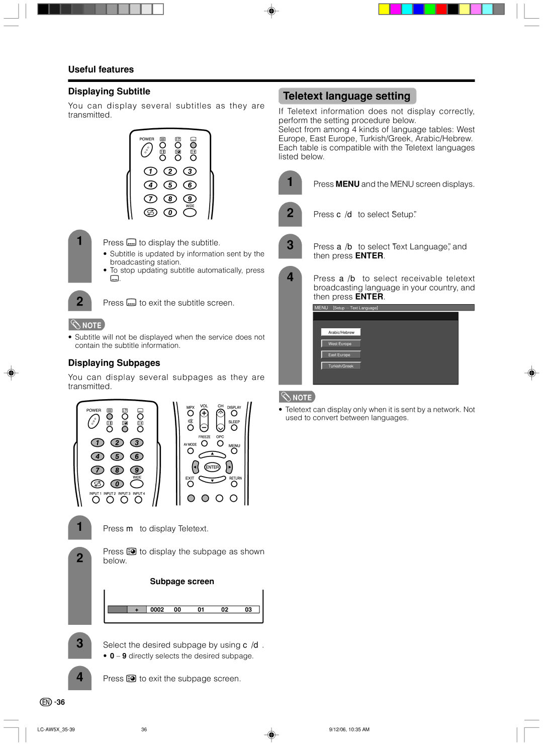 Sharp LC-32AW5X Teletext language setting, Useful features Displaying Subtitle, Displaying Subpages, Subpage screen 